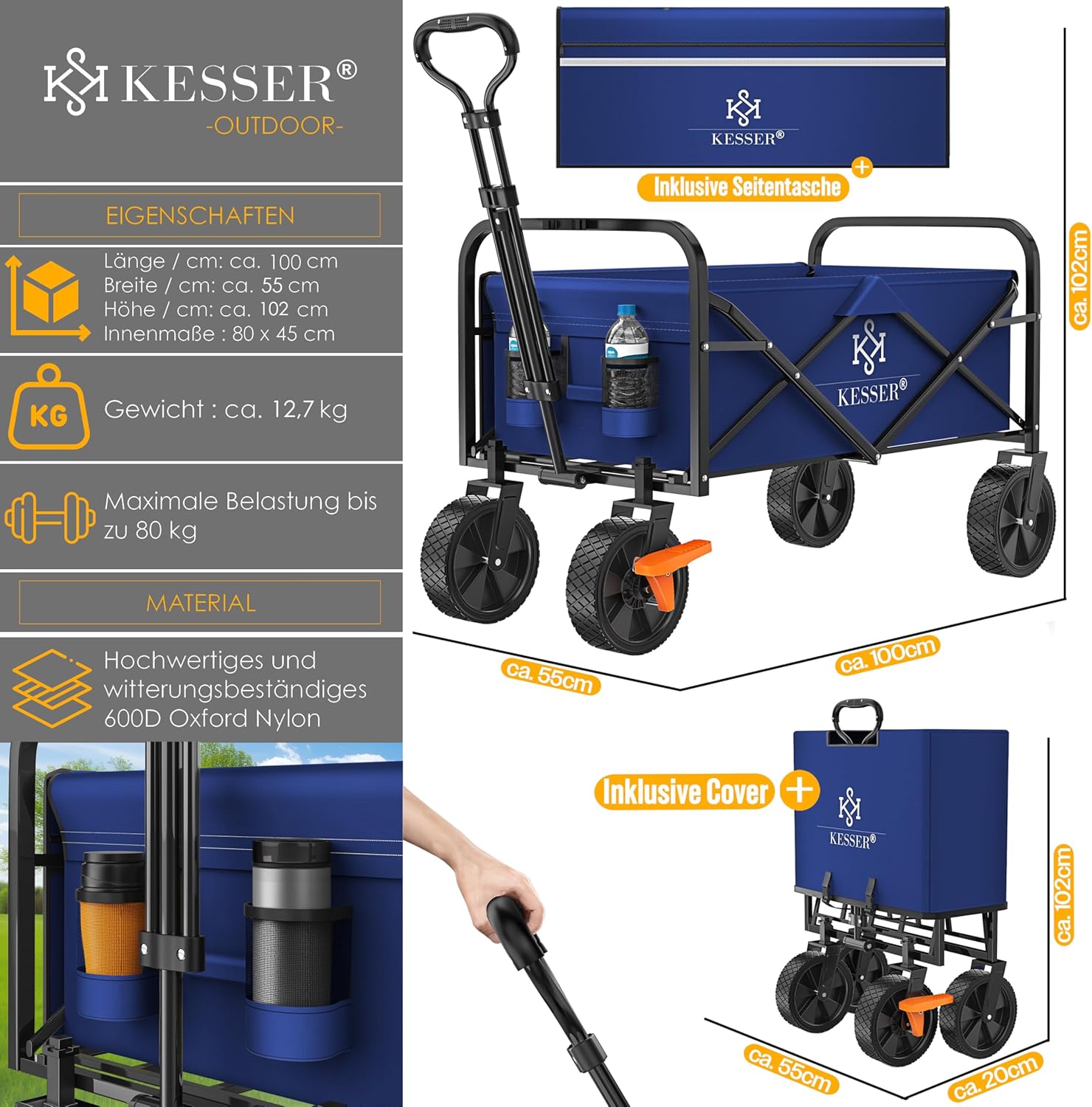 KESSER® Bollerwagen faltbar Handwagen Transportkarre max. 150kg Tragkraft & 360° PVC-Reifen Gerätewagen inkl. 2 Netztaschen, Seitentasche & Abdeckung Transportwagen Gartenanhänger ohne Dach, Blau — Ansicht 5