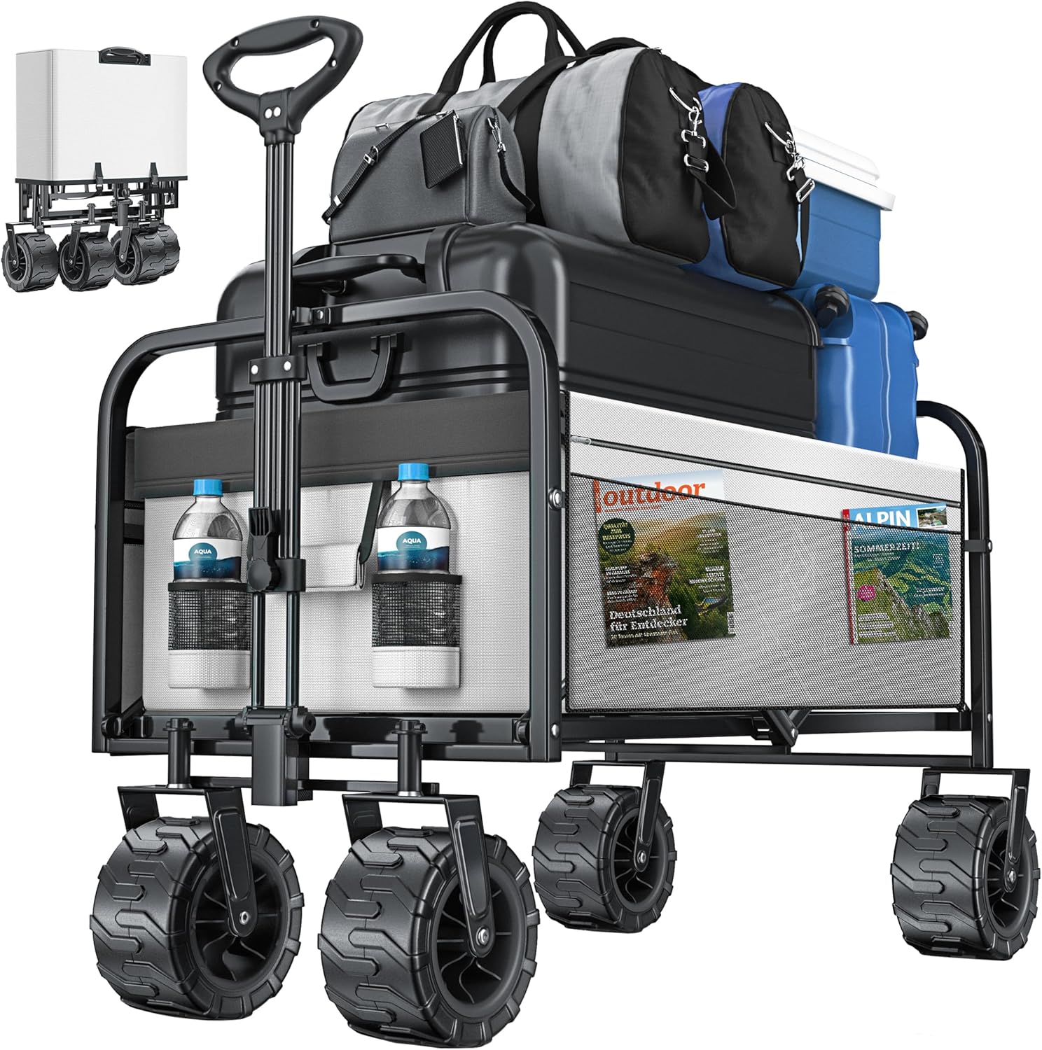 KESSER® Bollerwagen faltbar max. bis 150kg belastbar mit Breiten Vollgummi Reifen | Handwagen Transportkarre | Gerätewagen inkl. 2 Netztaschen & Seitentasche | Transportwagen Gartenanhänger klappbar