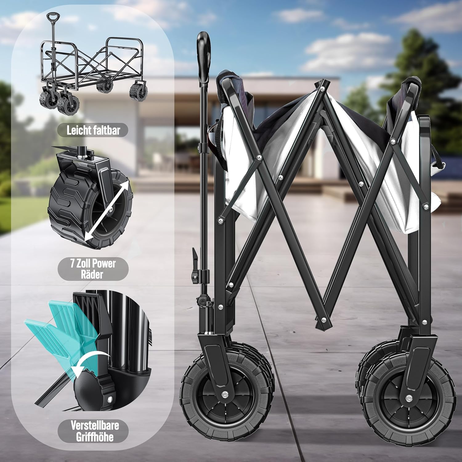 KESSER® Bollerwagen faltbar max. bis 150kg belastbar mit Breiten Vollgummi Reifen | Handwagen Transportkarre | Gerätewagen inkl. 2 Netztaschen & Seitentasche | Transportwagen Gartenanhänger klappbar — Ansicht 3