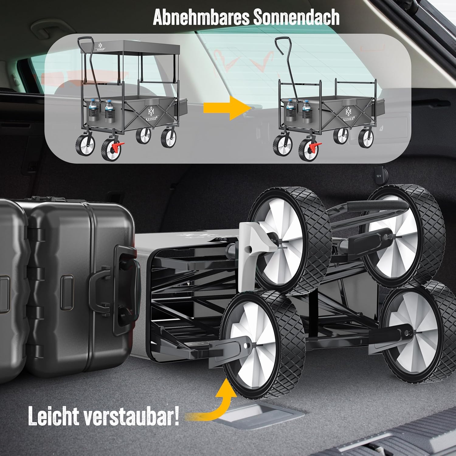 KESSER® Bollerwagen faltbar mit Dach Handwagen Transportkarre Gerätewagen klappbar mit 360° drehbare Vorder-Räder, Vorderrad-Bremse & Vollgummi-Reifen inkl. XXL Außen-Tasche, 2 Netztaschen & Abdeckung — Ansicht 4