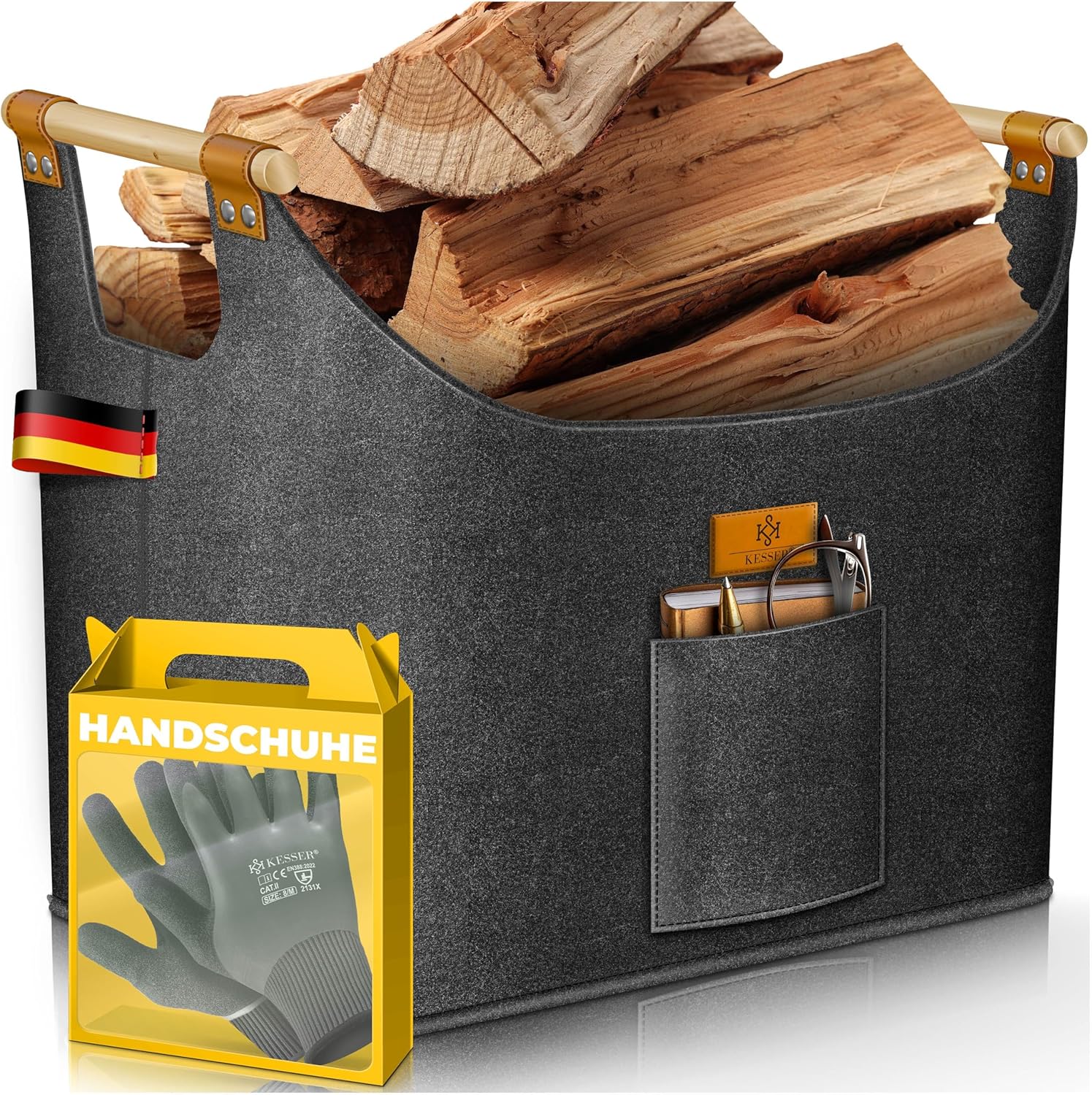 KESSER® Brennholzkorb 60 Liter | Kaminholztasche extra dicker Filz | Feuerholzkorb faltbar mit verstärkten Holzgriffen | Aufbewahrungskorb für Holz, Zeitung oder Brennholz | Inkl. Arbeitshandschuhen