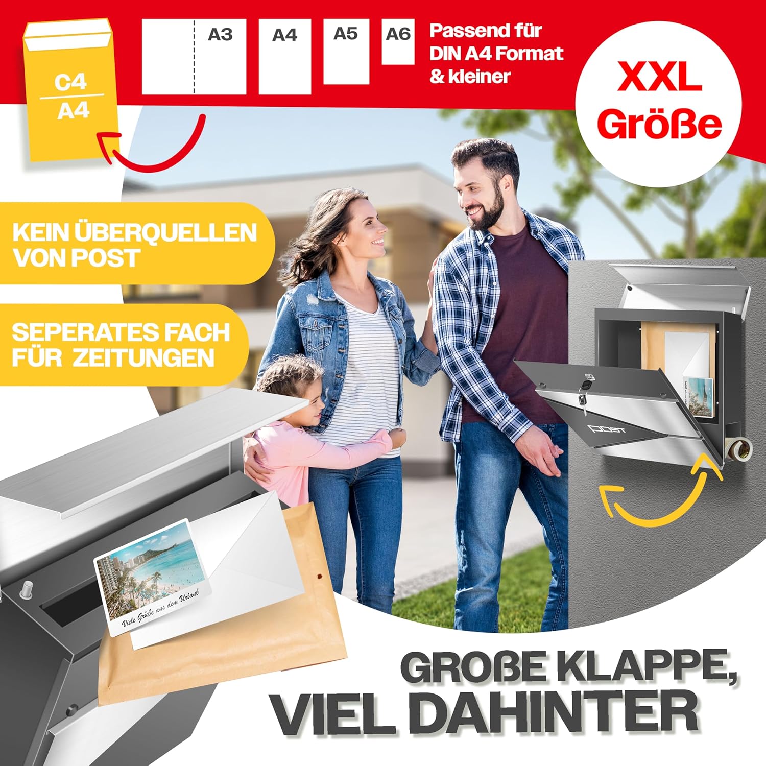 KESSER® Briefkasten mit Zeitungsfach Wandmontage Wandbriefkasten Edelstahl, 2X Schlüssel abschließbar, Moderner Postkasten Zeitungsrolle, inkl. Montagematerial, Softclose-Deckel, Silber/Anthrazit — Ansicht 4