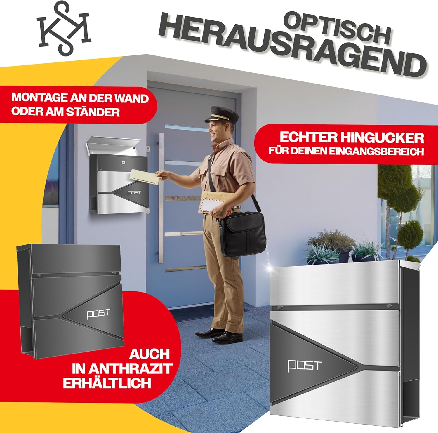 KESSER® Briefkasten mit Zeitungsfach Wandmontage Wandbriefkasten Edelstahl, 2X Schlüssel abschließbar, Moderner Postkasten Zeitungsrolle, inkl. Montagematerial, Softclose-Deckel, Silber/Anthrazit — Ansicht 6