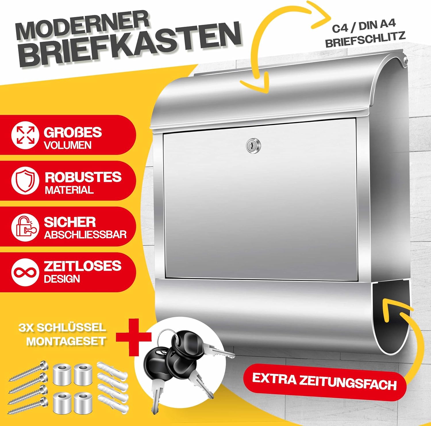 KESSER® Briefkasten XXL Edelstahl Silber, Wandbriefkasten mit Zeitungsfach abschließbar mit 3 Schlüsseln wetterfester Postkasten, pulverbeschichtet moderner Briefkasten für Wandmontage + Montageset — Ansicht 2
