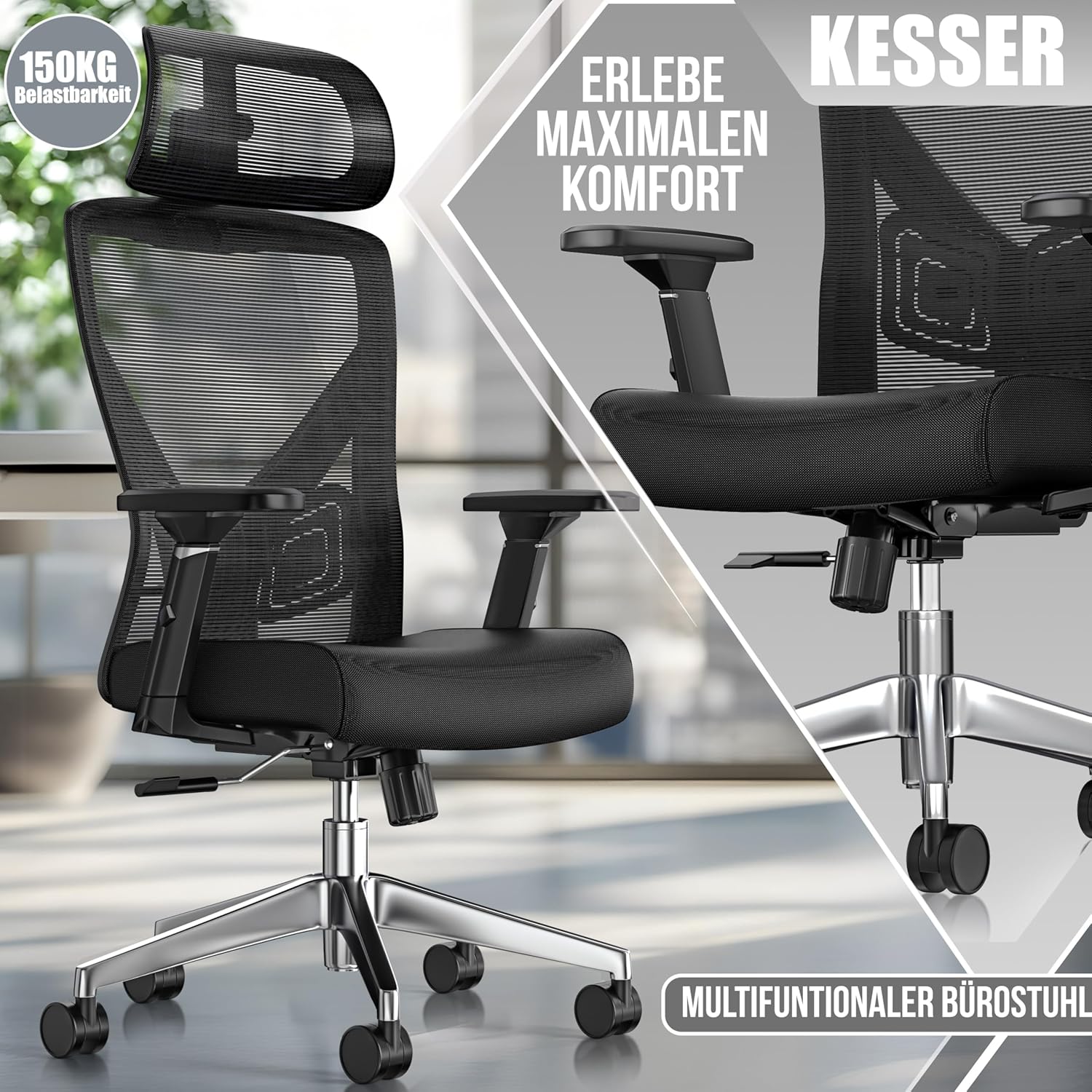 KESSER® Bürostuhl Ergonomisch mit verstellbaren Armlehnen | Drehstuhl mit Lendenwirbelstütze Rückenschonend | Schreibtischstuhl mit Kopfstütze | Office Chair Wippfunktion bis 125° mit 5X Gummirollen — Ansicht 6