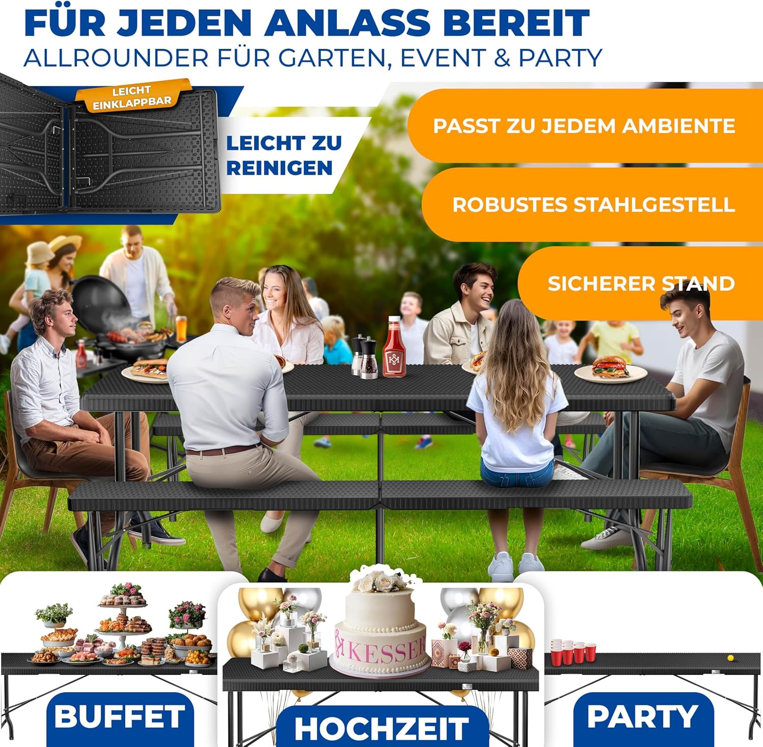 KESSER® Buffettisch Tisch klappbar Kunststoff 183x76cm Rattan Optik Campingtisch Partytisch Klapptisch Gartentisch 6 Personen Garten Terrasse & Balkon zusammenklappbar inkl. Tragegriff Schwarz — Ansicht 3