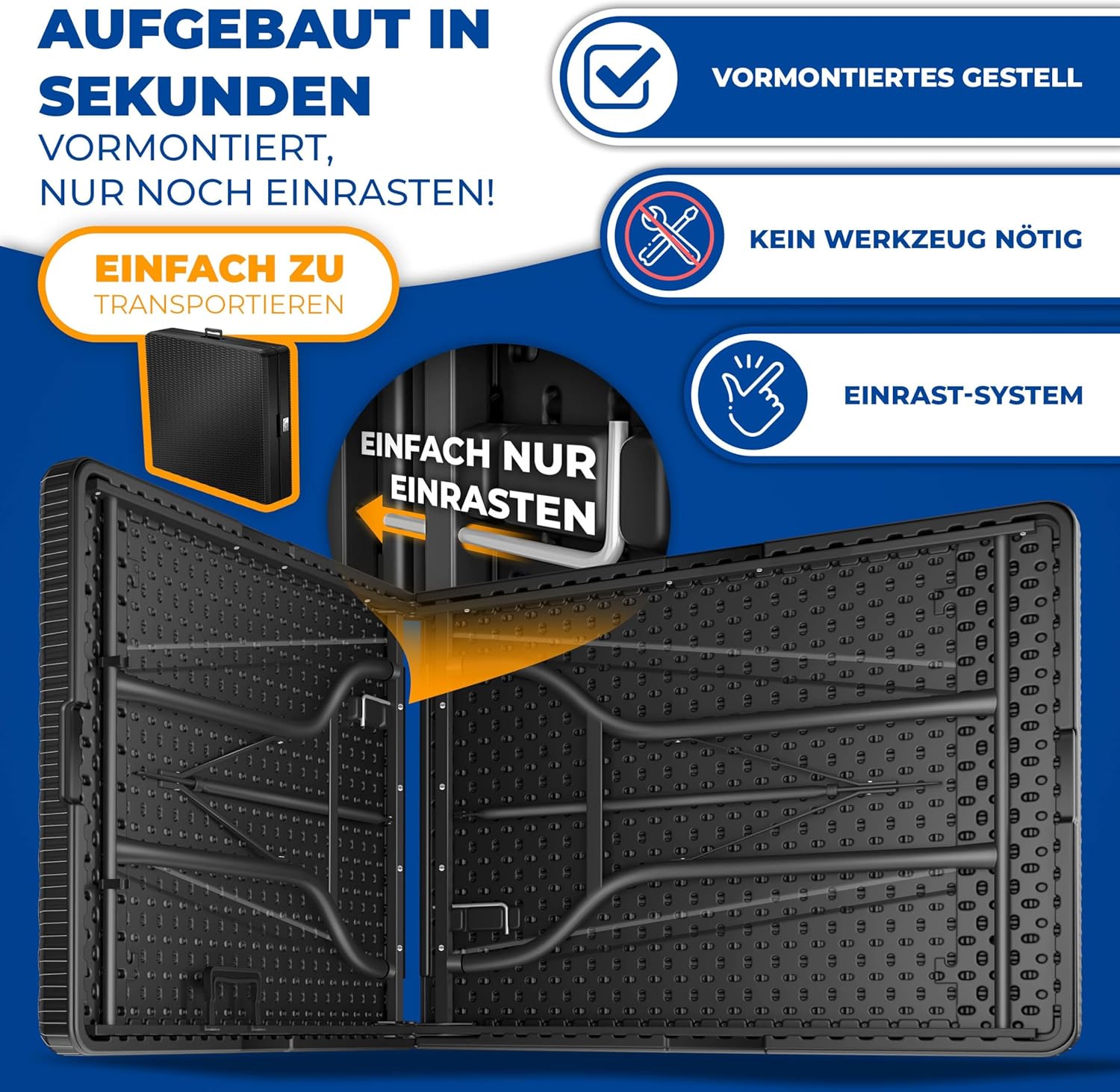 KESSER® Buffettisch Tisch klappbar Kunststoff 183x76cm Rattan Optik Campingtisch Partytisch Klapptisch Gartentisch 6 Personen Garten Terrasse & Balkon zusammenklappbar inkl. Tragegriff Schwarz — Ansicht 4