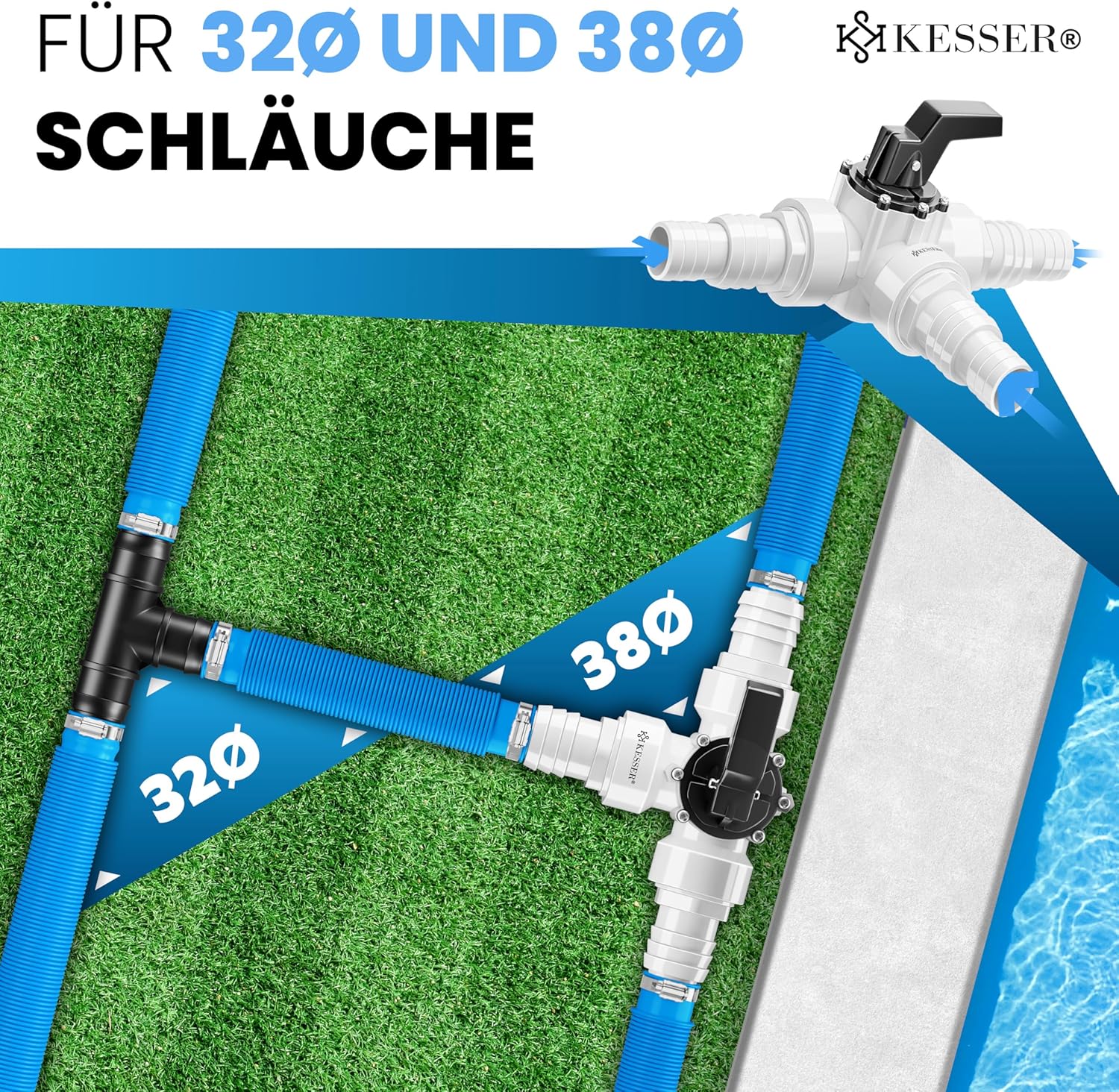 KESSER® Bypass Set Pool 12-teilig | 3-Wege Ventil Anschluss & ABS-Adapter Ø32 & Ø 38mm | mit 6x Edelstahl-Schlauchschellen & 8m Teflon-Dichtband | Ideal für Sandfilteranlage, Wärmepumpe & Solarheizung — Ansicht 4