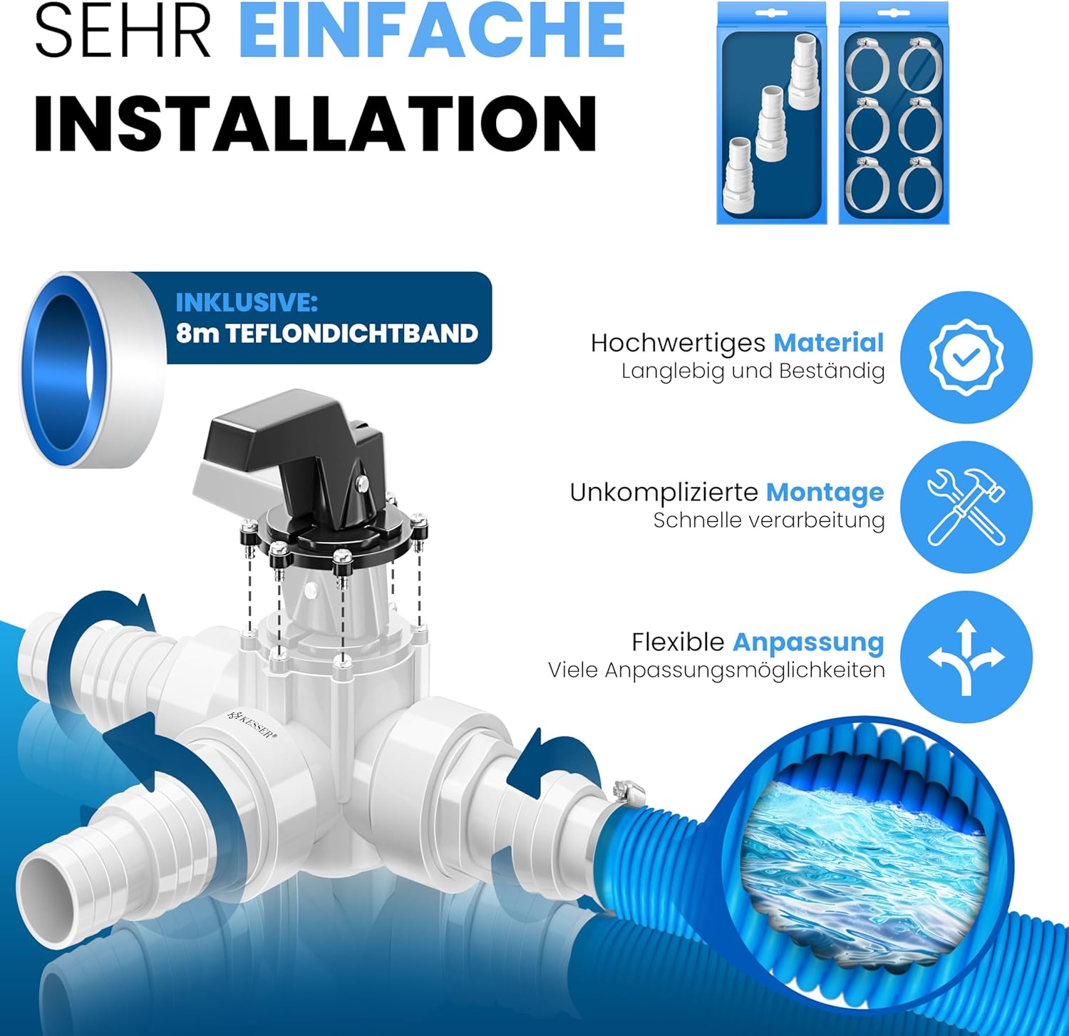 KESSER® Bypass Set Pool 12-teilig | 3-Wege Ventil Anschluss & ABS-Adapter Ø32 & Ø 38mm | mit 6x Edelstahl-Schlauchschellen & 8m Teflon-Dichtband | Ideal für Sandfilteranlage, Wärmepumpe & Solarheizung — Ansicht 5