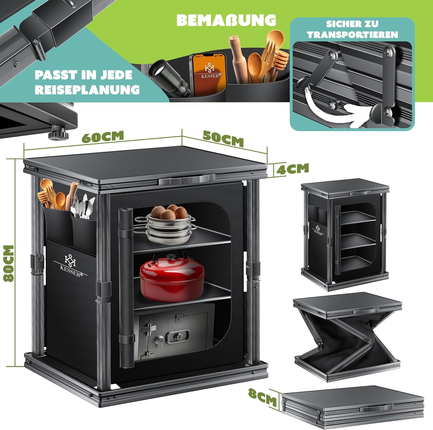 KESSER® Camping Küche faltbar | Outdoor Campingschrank 60x80cm | Küchenschrank mit Aluminiumgestell, 3 Fächer inkl. Seitentaschen & Fliegengitter | Campingküche aus UV-resistentem Stoff — Ansicht 2
