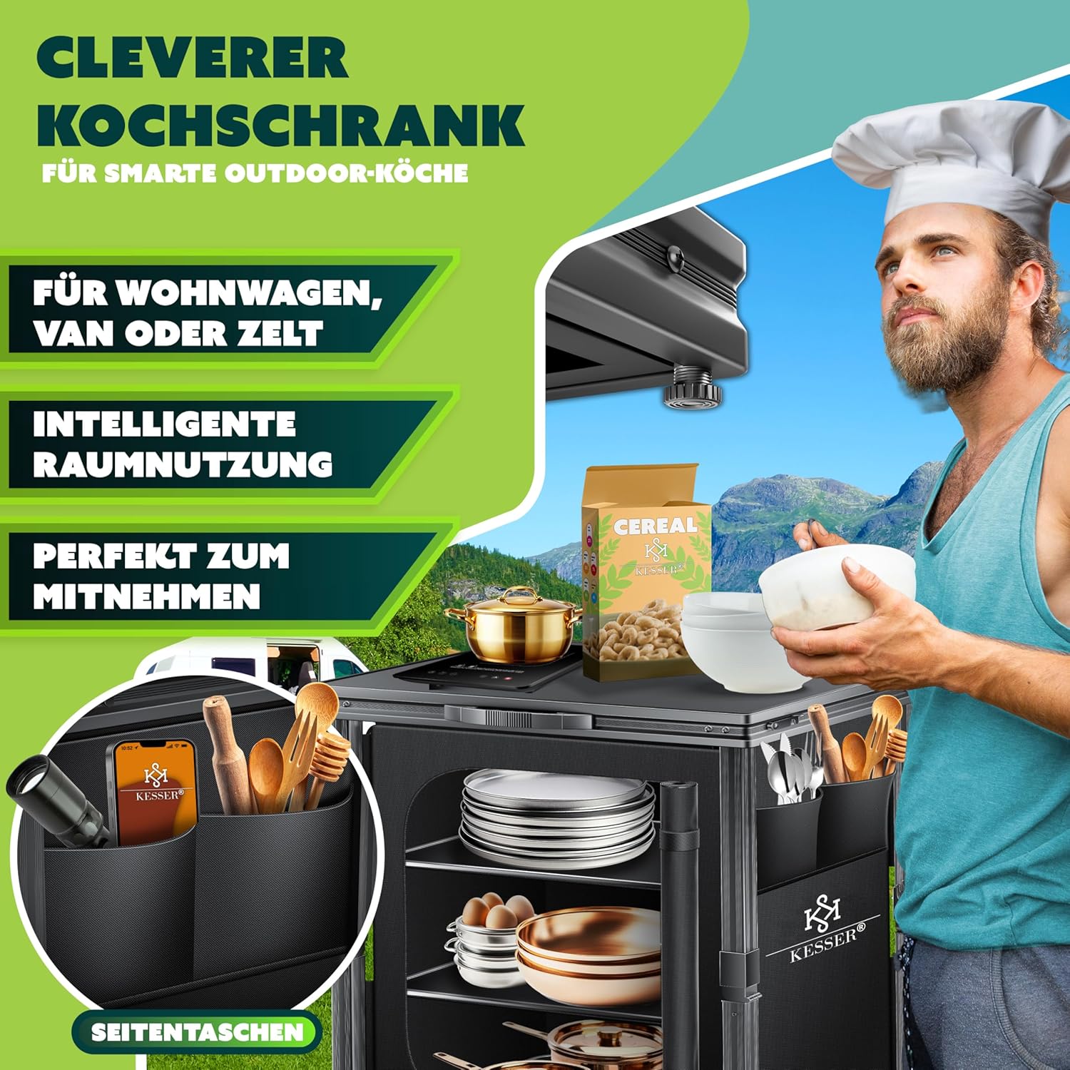 KESSER® Camping Küche faltbar | Outdoor Campingschrank 60x80cm | Küchenschrank mit Aluminiumgestell, 3 Fächer inkl. Seitentaschen & Fliegengitter | Campingküche aus UV-resistentem Stoff — Ansicht 4
