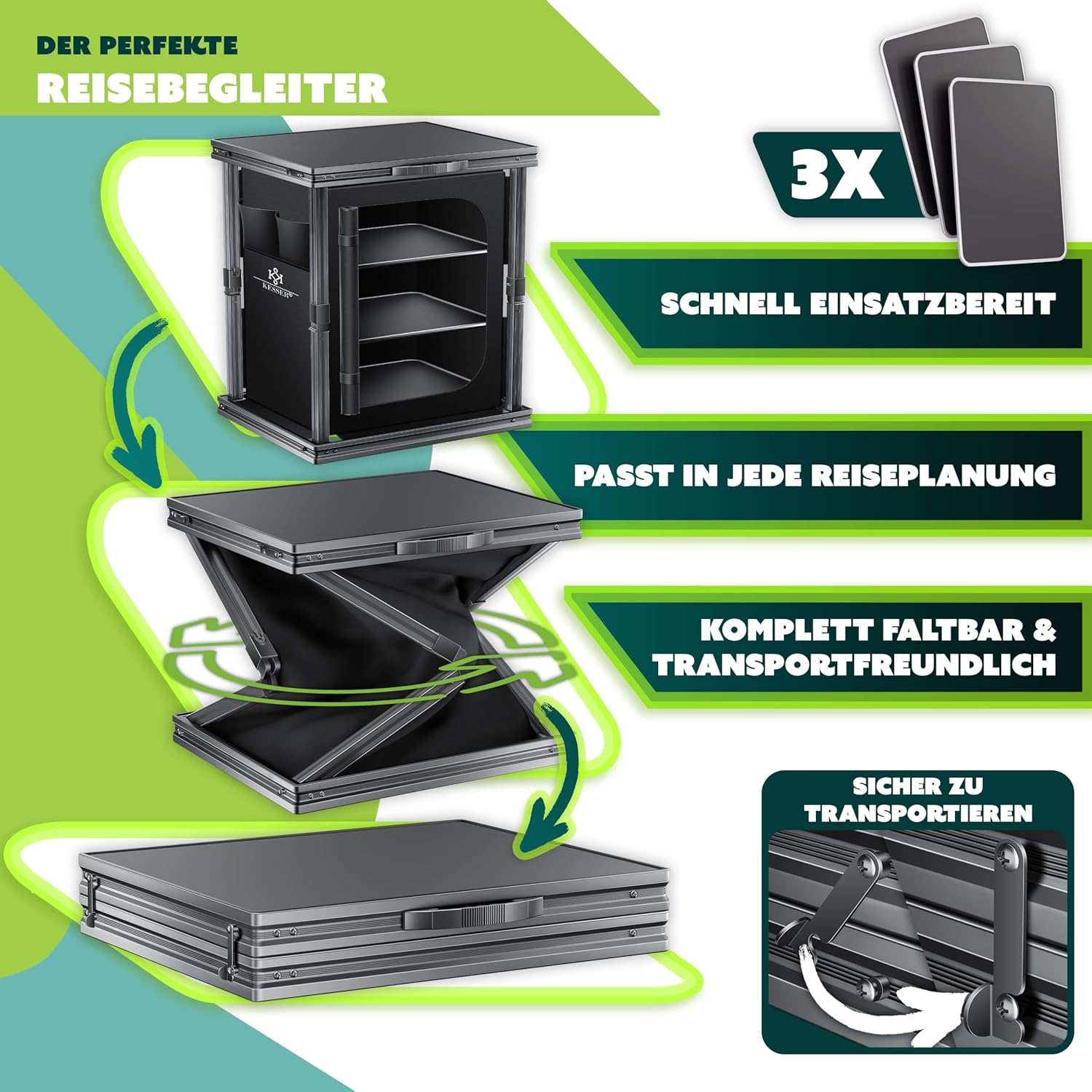 KESSER® Camping Küche faltbar | Outdoor Campingschrank 60x80cm | Küchenschrank mit Aluminiumgestell, 3 Fächer inkl. Seitentaschen & Fliegengitter | Campingküche aus UV-resistentem Stoff — Ansicht 5