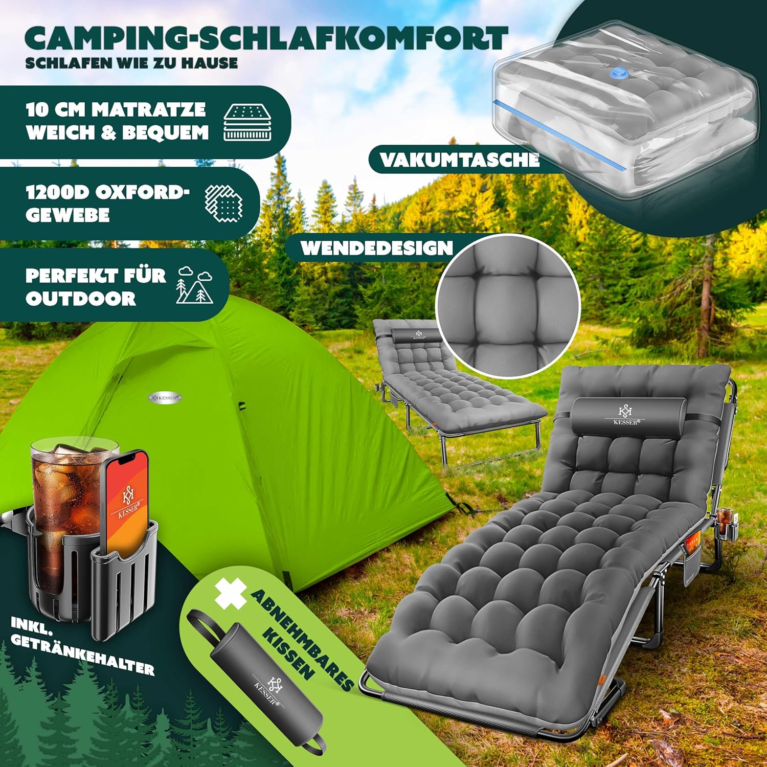 KESSER® Campingbett Feldbett klappbar 190x68x30cm bis 250kg belastbar aus Oxford-Gewebe & stabilem Stahlgerüst, Sonnenliege für Camping inkl. Tragetasche, Nackenkissen, Seitentasche & Getränkehalter — Ansicht 2