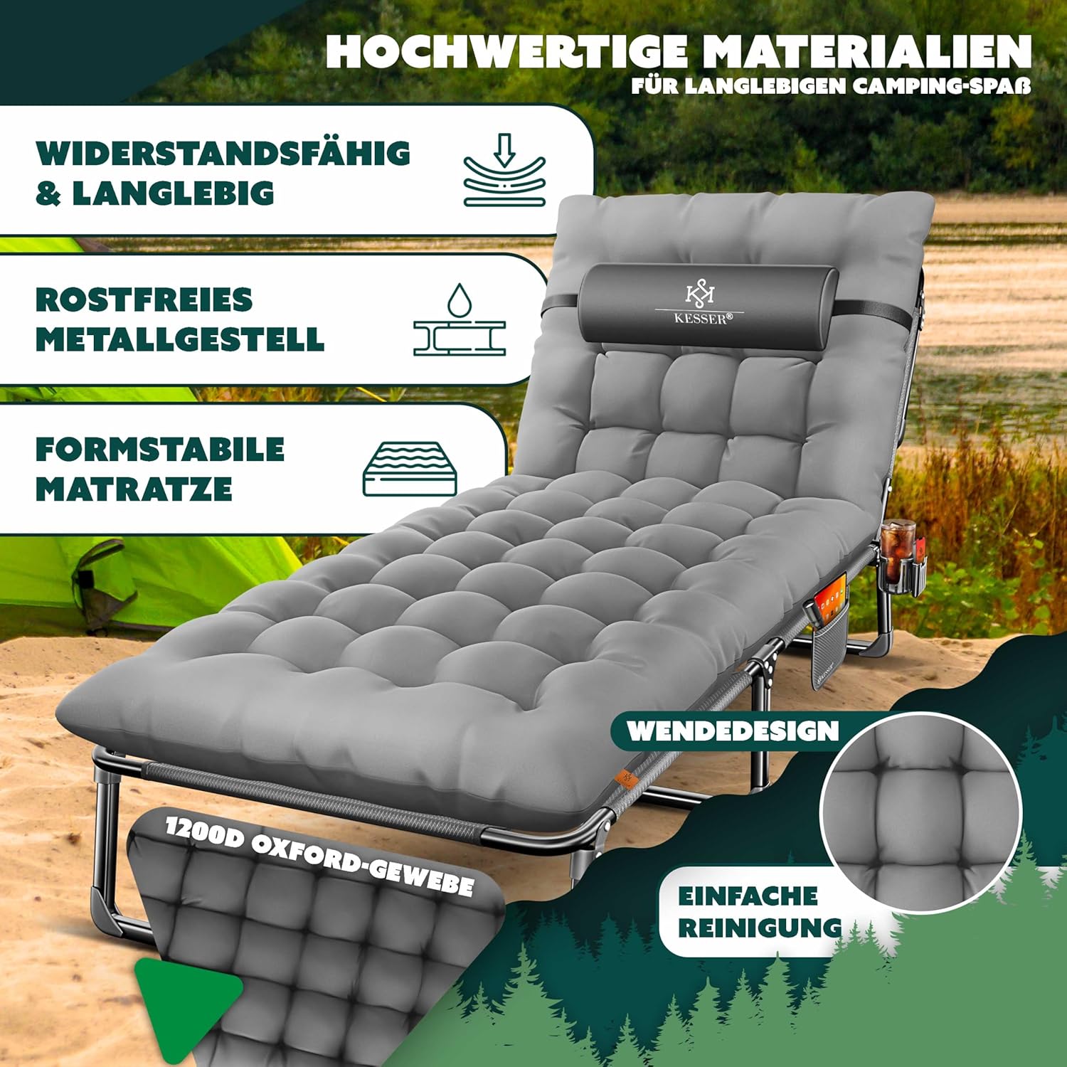 KESSER® Campingbett Feldbett klappbar 190x68x30cm bis 250kg belastbar aus Oxford-Gewebe & stabilem Stahlgerüst, Sonnenliege für Camping inkl. Tragetasche, Nackenkissen, Seitentasche & Getränkehalter — Ansicht 6
