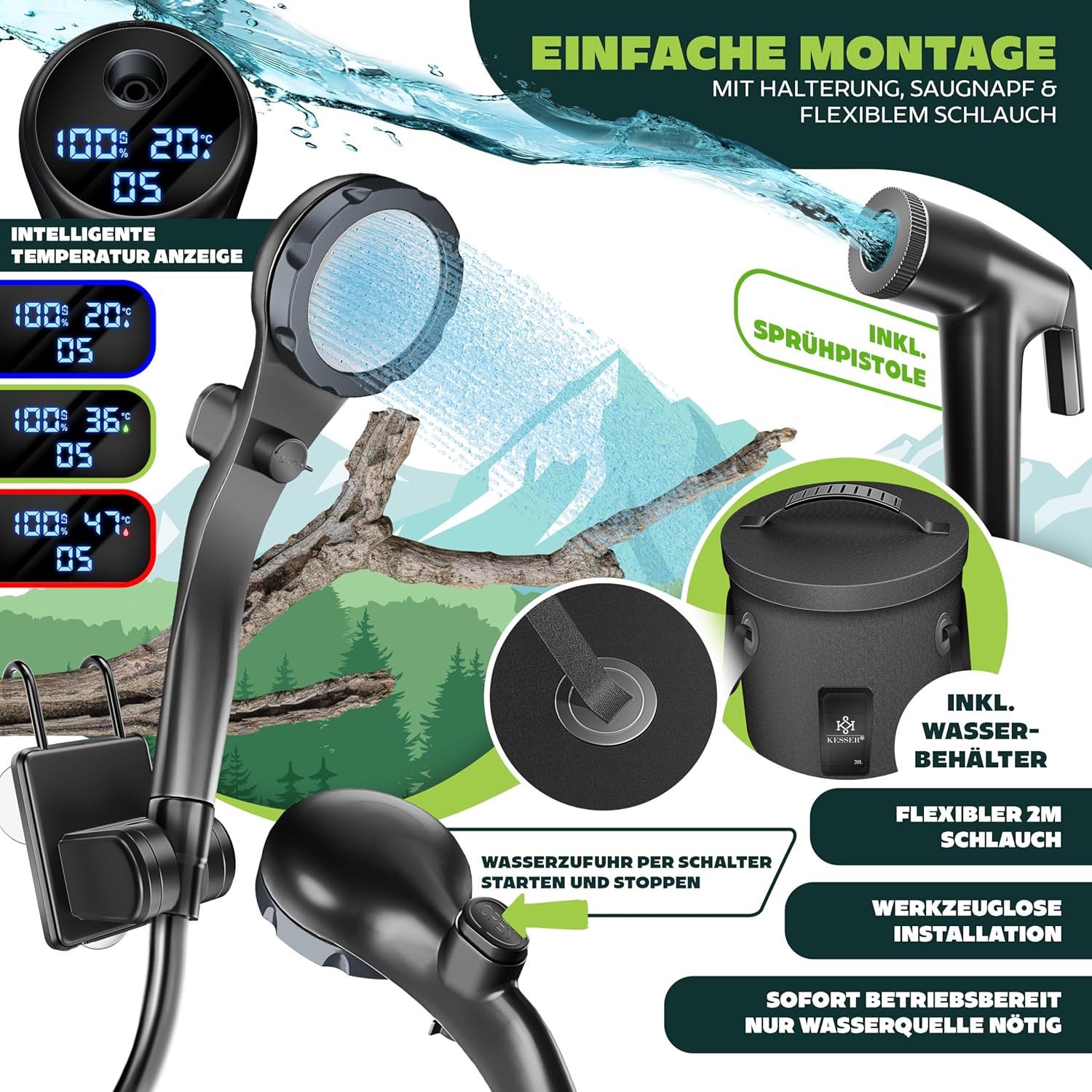 KESSER® Campingdusche Solardusche mit Pumpe & wiederaufladbarem Akku 8000mAh Mobile Dusche | Camping Dusche Set inkl. einstellbarem Duschkopf, 2m Schlauch, Sprühpistole & Halterung — Ansicht 5