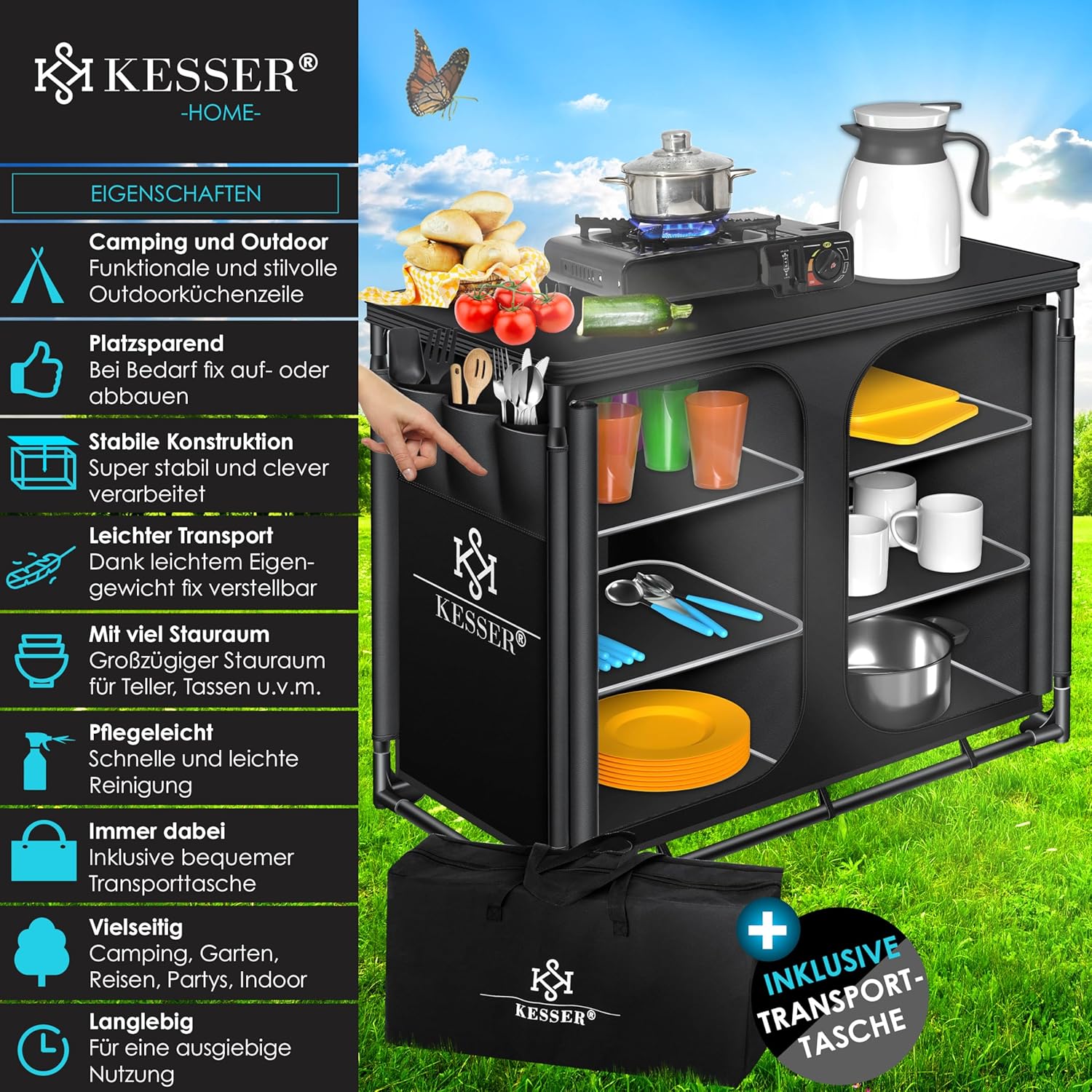KESSER® Campingküche | Inkl. Tragetasche | Campingschrank Faltschrank | mit Aluminiumgestell | Reiseküche | Küchenbox | Zeltschrank | Outdoor Camping Küche | Schwarz/Schwarz | Typ F6 — Ansicht 2