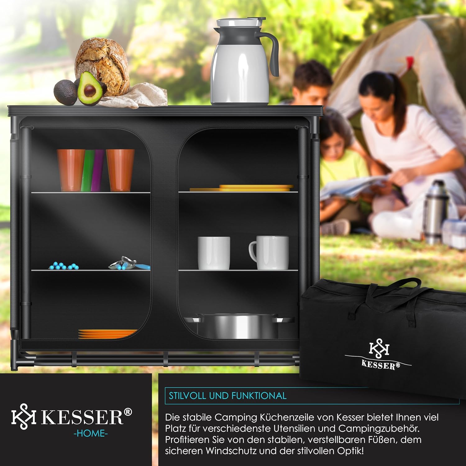 KESSER® Campingküche | Inkl. Tragetasche | Campingschrank Faltschrank | mit Aluminiumgestell | Reiseküche | Küchenbox | Zeltschrank | Outdoor Camping Küche | Schwarz/Schwarz | Typ F6 — Ansicht 4