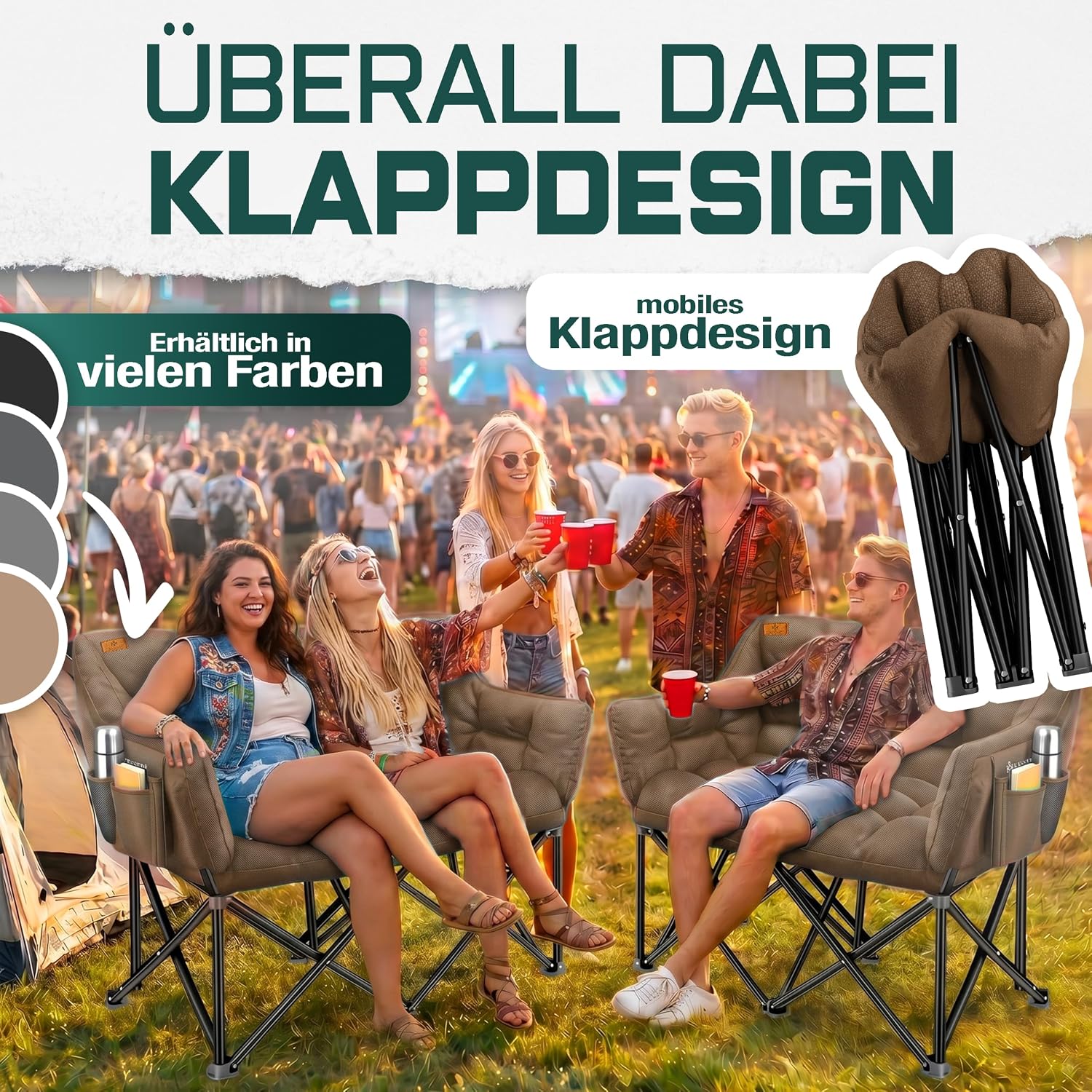 KESSER® Campingsofa faltbar 3 Personen - 400 kg, Campingcouch breit, gepolstert mit Seitentaschen & Tasche, Faltsofa Trio, Campingstuhl Indoor & Outdoor, Camping, Festival, Angeln & Garten – Braun — Ansicht 4