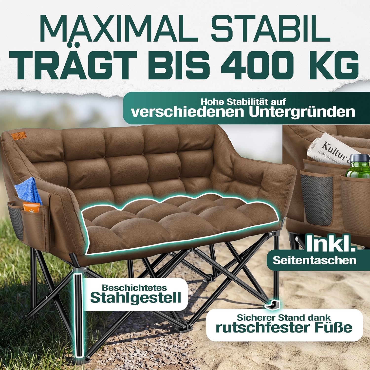 KESSER® Campingsofa faltbar 3 Personen - 400 kg, Campingcouch breit, gepolstert mit Seitentaschen & Tasche, Faltsofa Trio, Campingstuhl Indoor & Outdoor, Camping, Festival, Angeln & Garten – Braun — Ansicht 5