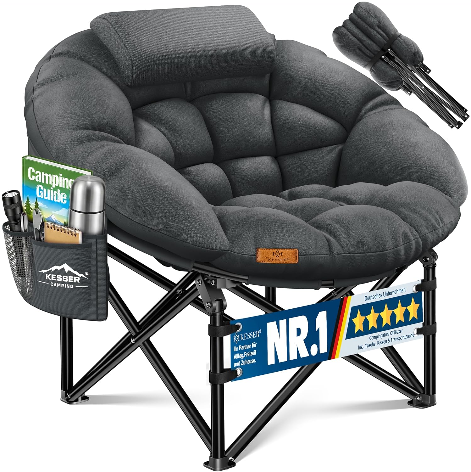 KESSER® Campingstuhl Chillexer faltbar 150 Kg Klappstuhl Ultraleicht und breit, Dickes Polster mit bequemen Kissen und Seitentasche, Cover, Outdoor + Indoor - rund, Camping, Angeln, Festival, Strand