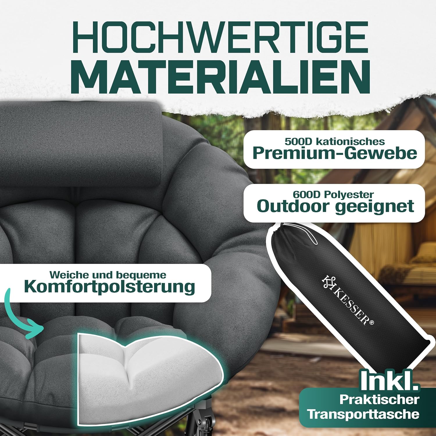KESSER® Campingstuhl Chillexer faltbar 150 Kg Klappstuhl Ultraleicht und breit, Dickes Polster mit bequemen Kissen und Seitentasche, Cover, Outdoor + Indoor - rund, Camping, Angeln, Festival, Strand — Ansicht 4