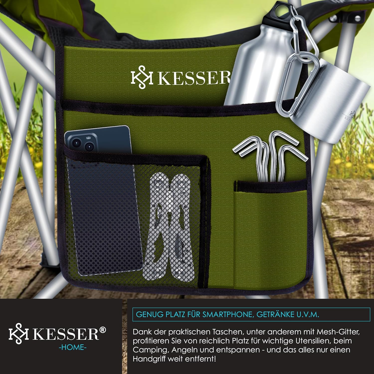 KESSER® Campingstuhl faltbar bis 150 kg Angelstuhl Faltstuhl Klappstuhl Gepolstert mit Armlehnen und Getränkehalter + Tasche mit hoher Rückenlehne, Strandstuhl, Klapphocker — Ansicht 4