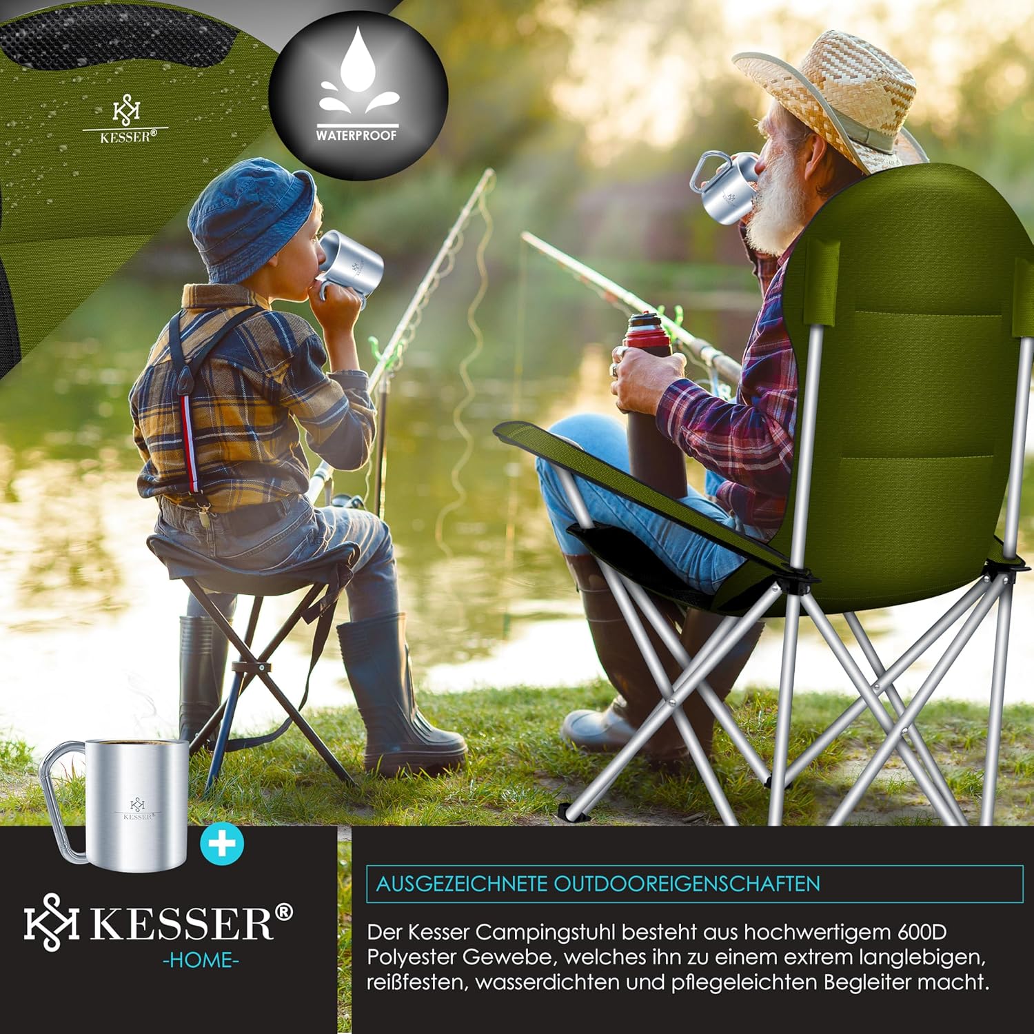 KESSER® Campingstuhl faltbar bis 150 kg Angelstuhl Faltstuhl Klappstuhl Gepolstert mit Armlehnen und Getränkehalter + Tasche mit hoher Rückenlehne, Strandstuhl, Klapphocker — Ansicht 6