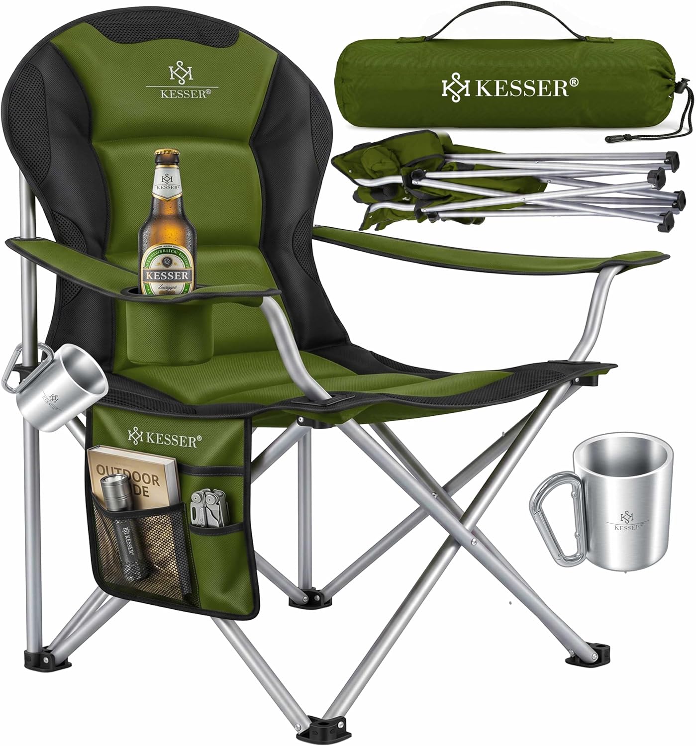 KESSER® Campingstuhl faltbar bis 150 kg Angelstuhl Faltstuhl Klappstuhl Gepolstert mit Armlehnen und Getränkehalter + Tasche mit hoher Rückenlehne, Strandstuhl, Klapphocker