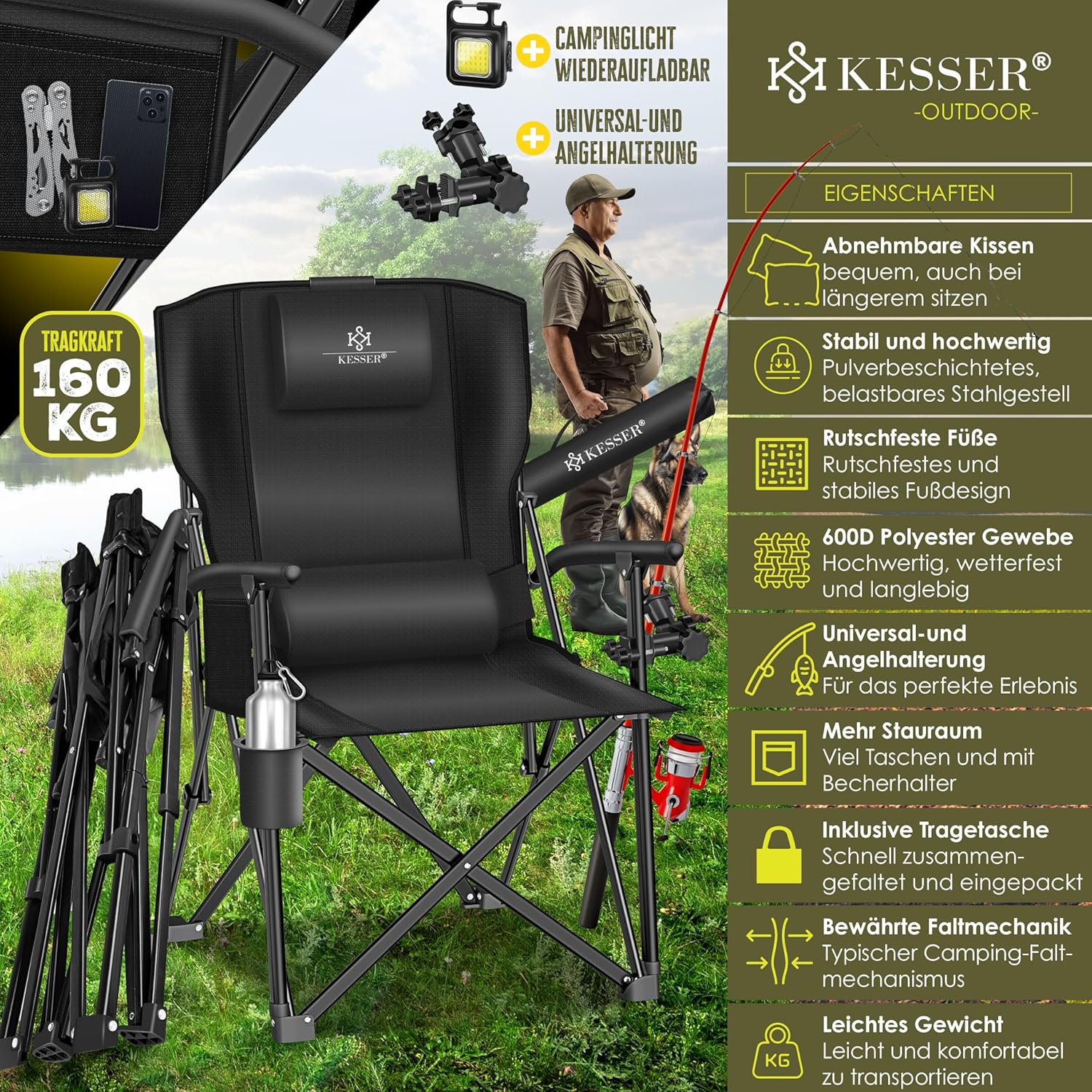 KESSER® Campingstuhl faltbar bis 160 kg | Angelstuhl Faltstuhl Klappstuhl Gepolstert mit Armlehnen | Campinglicht und Getränkehalter + Tasche mit hoher Rückenlehne | Strandstuhl mit Angelhalterung — Ansicht 2
