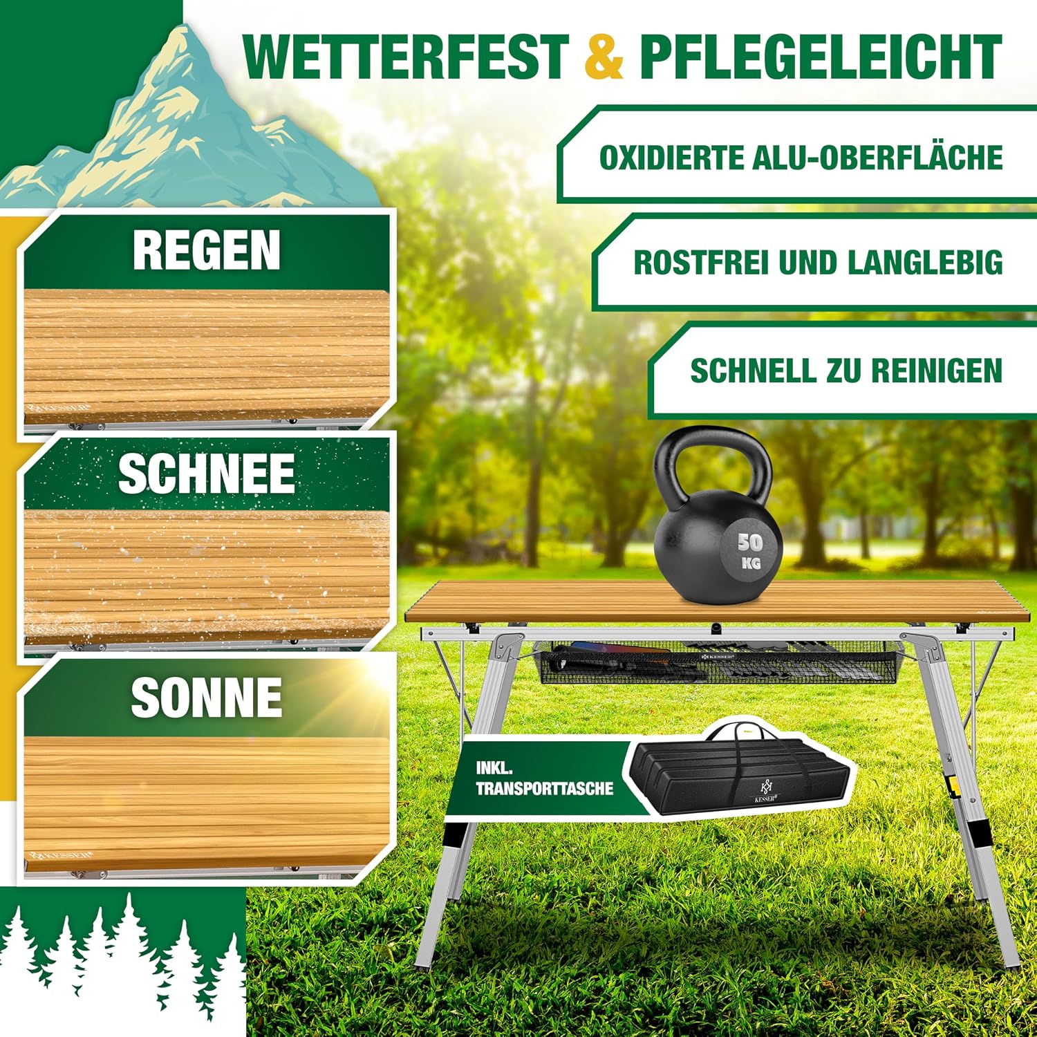 KESSER® Campingtisch faltbar Klapptisch mit Aluminiumrahmen Aufrollbare Tischplatte Falttisch klappbar Höhenverstellung 120x70cm - bis 100kg inkl. Tragetasche mit Trageband & Netztasche, Holz-Optik — Ansicht 4