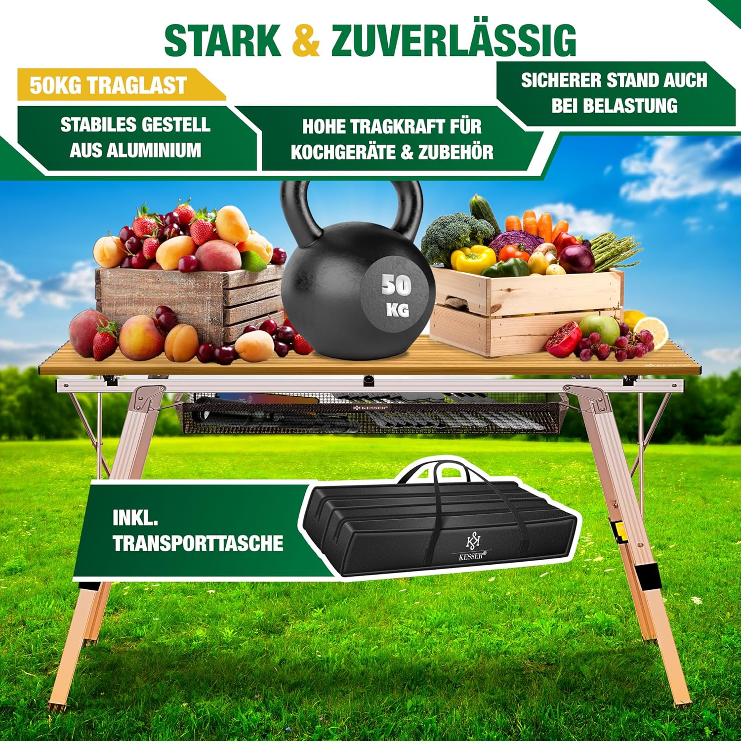 KESSER® Campingtisch faltbar Klapptisch mit Aluminiumrahmen Aufrollbare Tischplatte Falttisch klappbar Höhenverstellung 120x70cm - bis 100kg inkl. Tragetasche mit Trageband & Netztasche, Holz-Optik — Ansicht 5