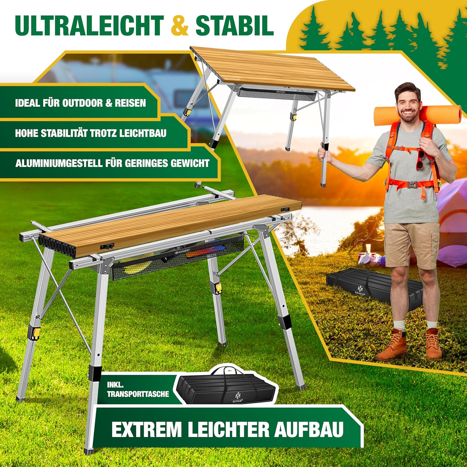 KESSER® Campingtisch faltbar Klapptisch mit Aluminiumrahmen Aufrollbare Tischplatte Falttisch klappbar Höhenverstellung 120x70cm - bis 100kg inkl. Tragetasche mit Trageband & Netztasche, Holz-Optik — Ansicht 6