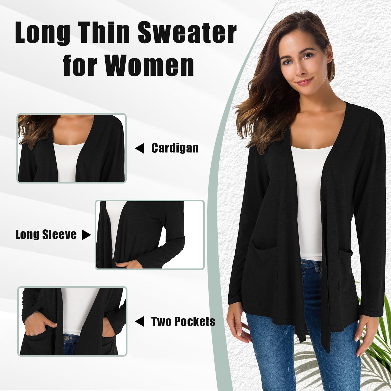 KESSER Casual Basic Lang Strickjacke Für Damen Hat Zwei Taschen Langarm Offene Vorderseite Schlanke Passform Modisch Und Vielseitig Cardigan Weich Und — Ansicht 2