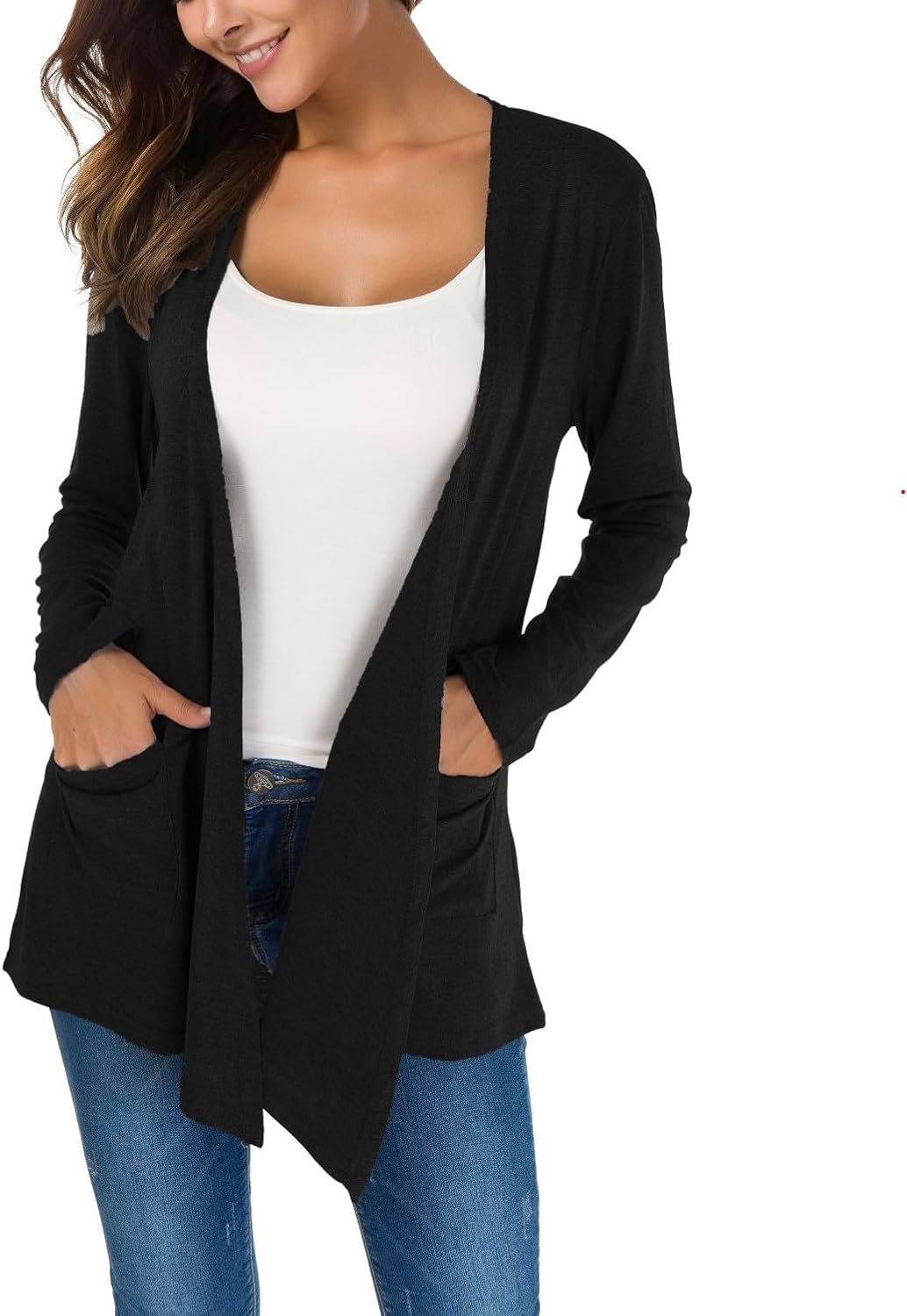 KESSER Casual Basic Lang Strickjacke Für Damen Hat Zwei Taschen Langarm Offene Vorderseite Schlanke Passform Modisch Und Vielseitig Cardigan Weich Und