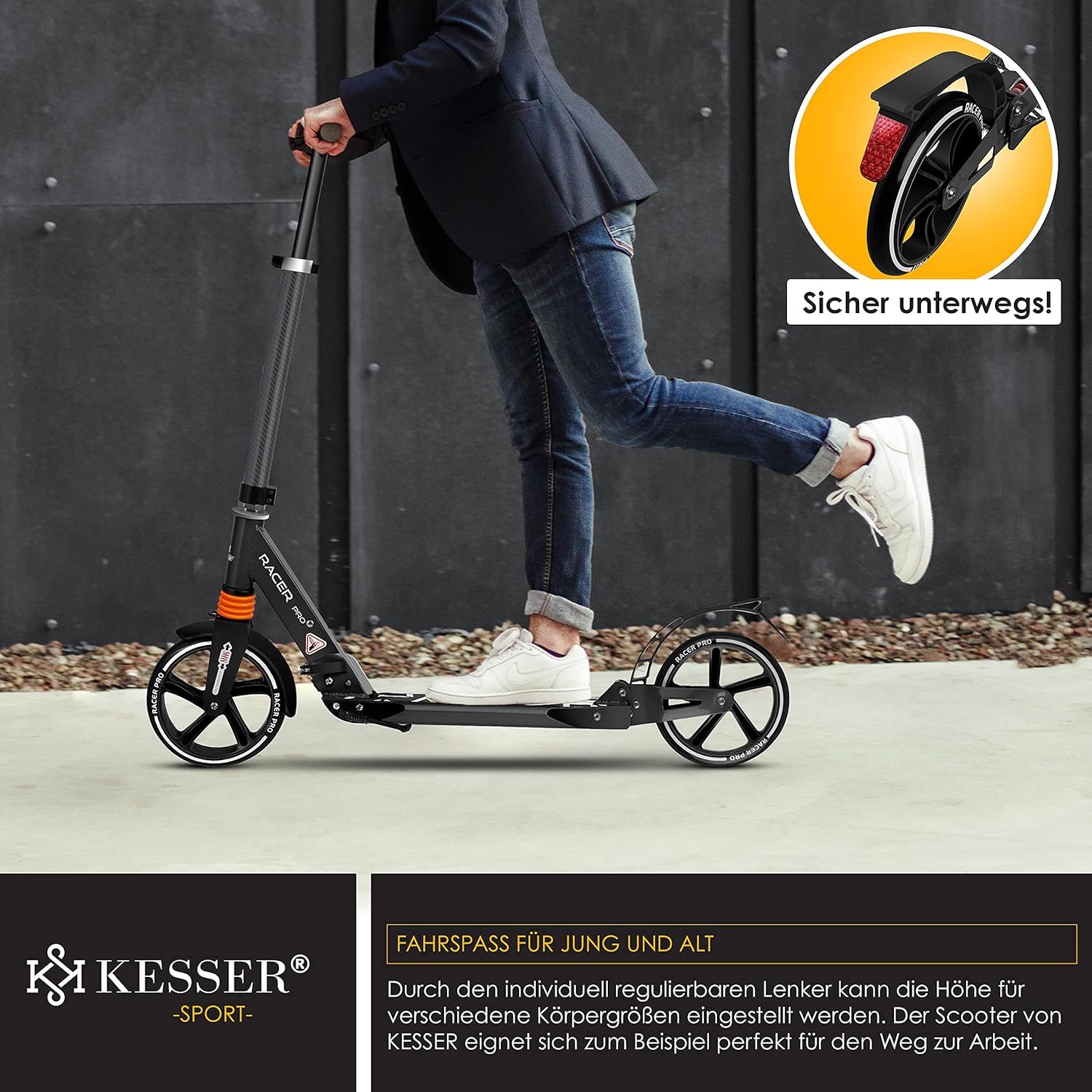 KESSER® Cityroller Scooter 205mm Räder PU Big Wheel - Pro-S Tretroller mit Doppel Federung, bis 100kg City-Roller klappbar und Höhenverstellbar Inkl. Gurt, Roller Kickscooter für Erwachsene und Kinder — Ansicht 4