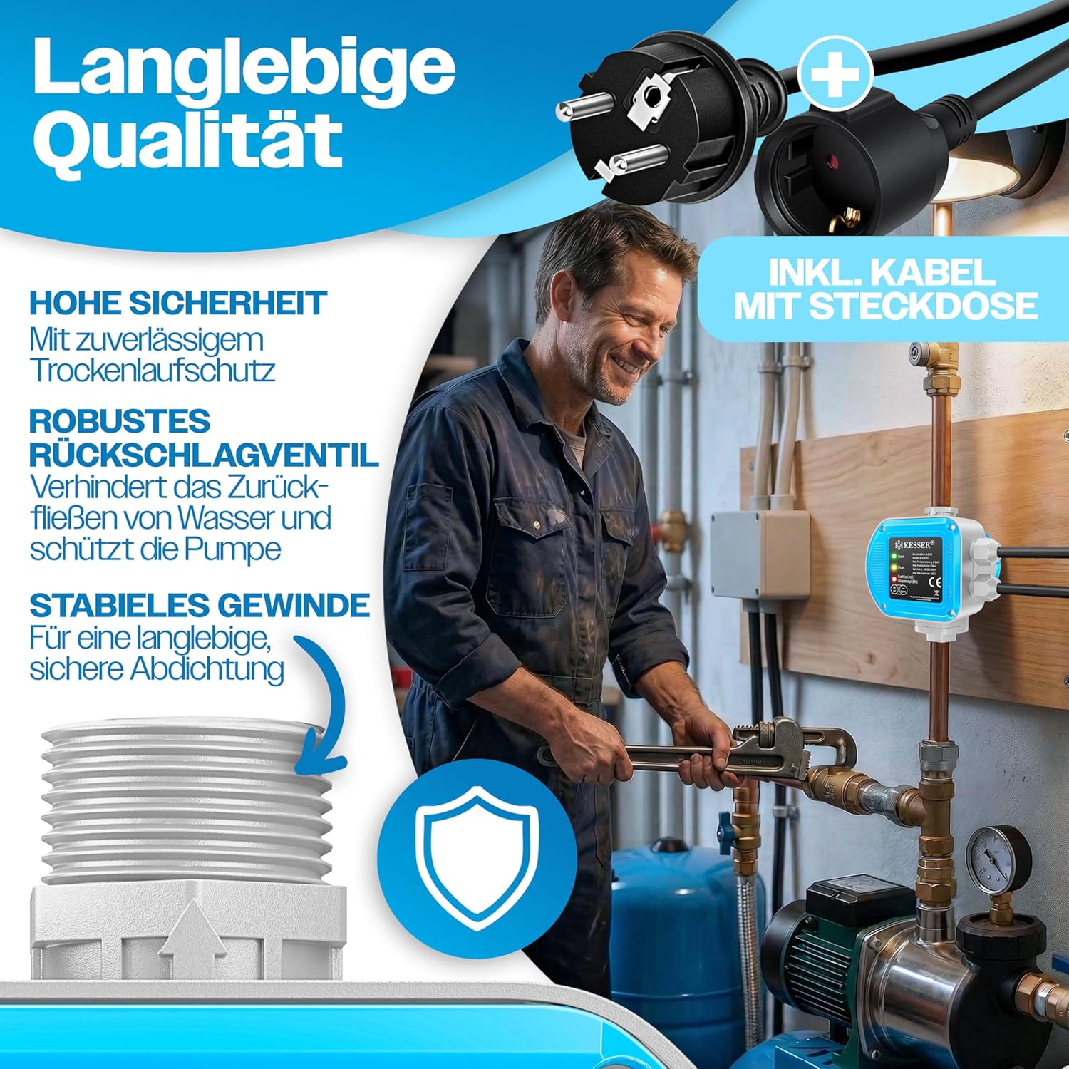 KESSER® Druckwächter Druckschalter | 15 bar Pumpensteuerung | Hauswasserwerk | Gartenbewässerung | Mit Kabel | konstanter Wasserdruck | Garten & Haus | automatisches Ein- und Ausschalten, Blau — Ansicht 6