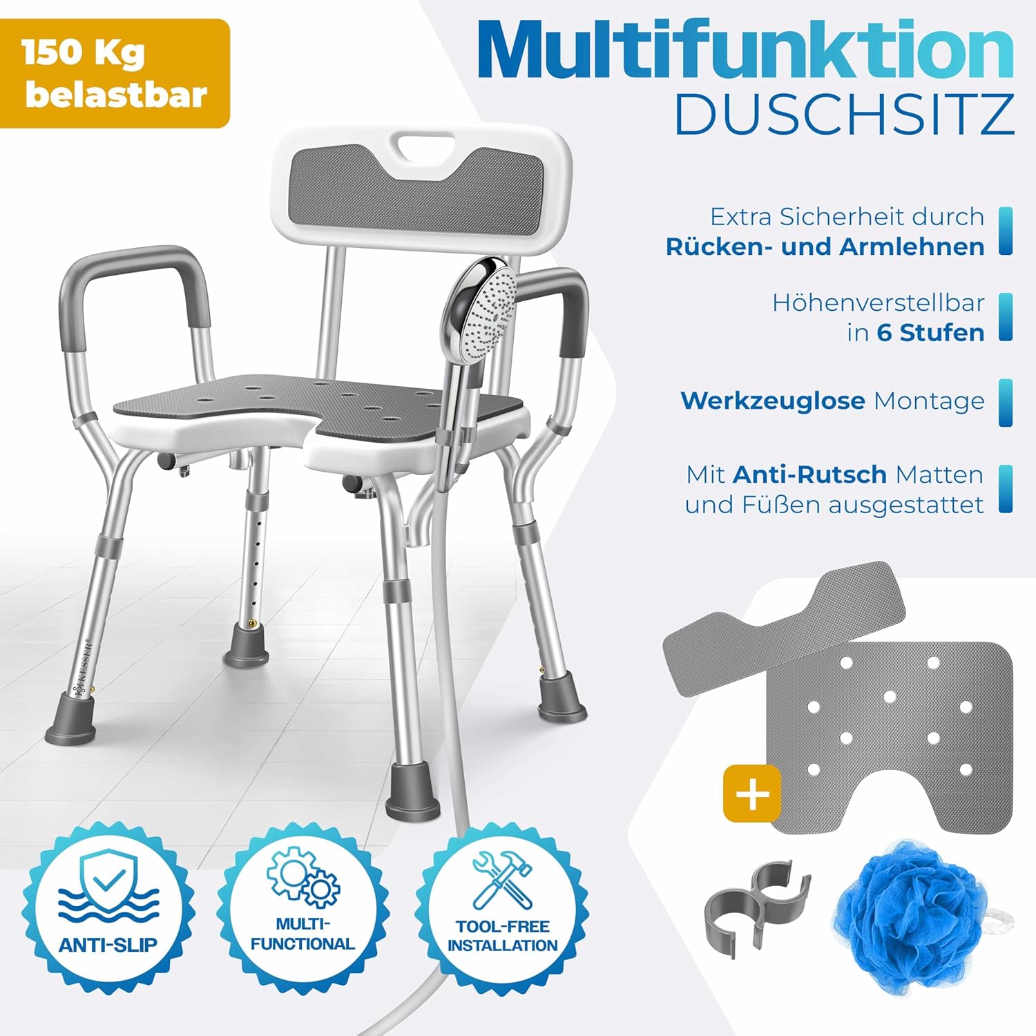 KESSER® Duschhocker mit Lehne für Senioren & Schwangere Duschsitz | Badhocker 150KG belastbar 6 Stufen 38-54cm höhenverstellbar | Duschhilfe Duschstuhl — Ansicht 2