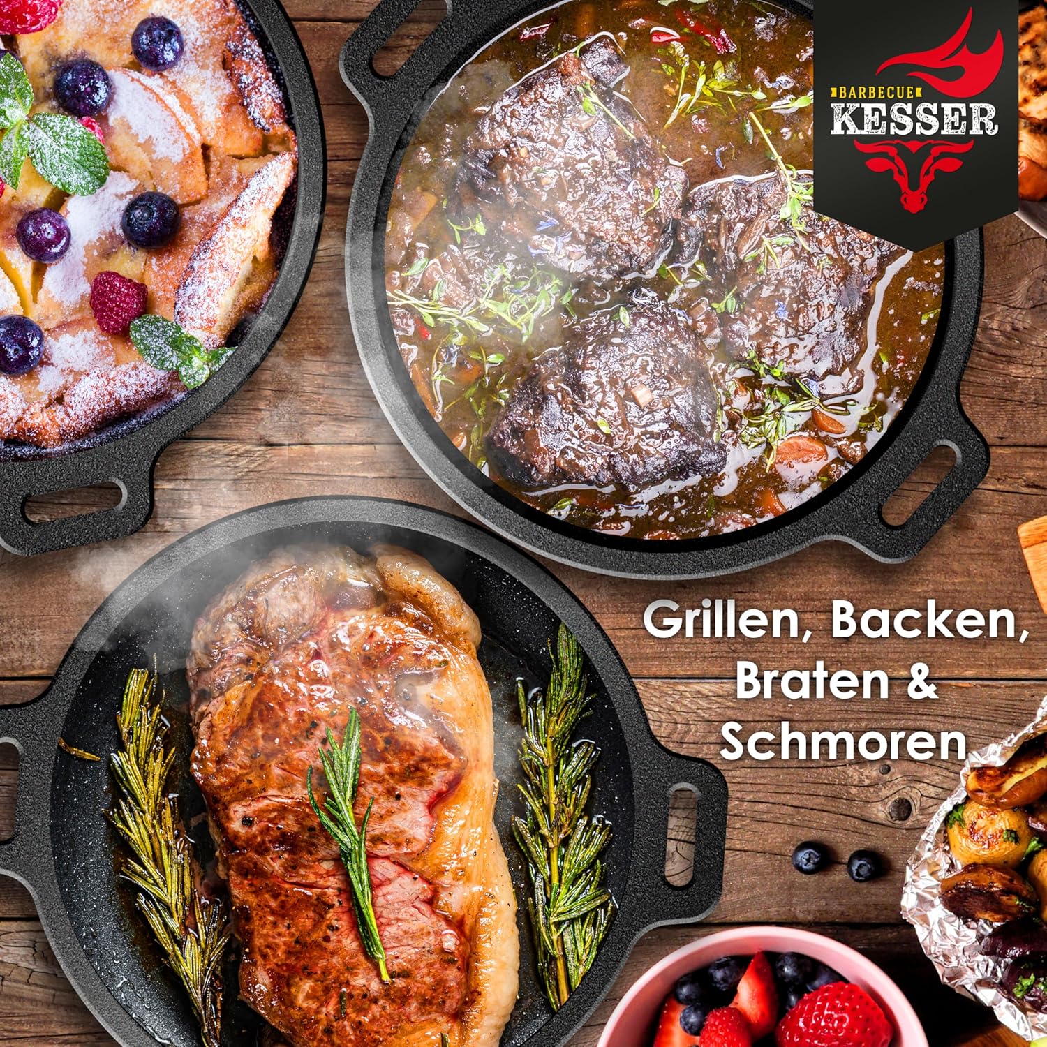 KESSER® Dutch Oven Set BBQ 13,6 Liter Feuertopf Schmortopf, Gusseisen Topf mit Deckelheber Henkel und Schlitz für Themormeter, kochkessel Grilltopf Gulaschkessel für Oudoor & Indoor — Ansicht 6