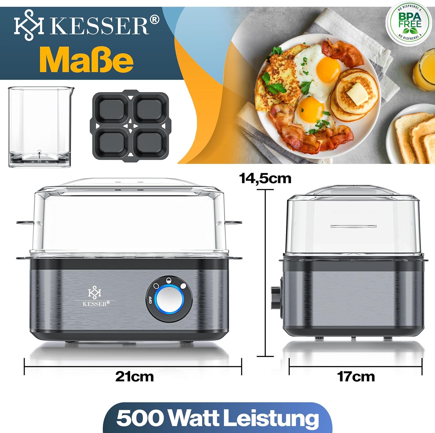KESSER® Eierkocher für 1 bis 8 Eier elektrisch aus Edelstahl 500W & Warmhaltefunktion | LED-Drehschalter drei Härtegrade | BPA-Frei & Spülmaschinenfest | Messbecher, Eierhalter & Omlettschale Anthra — Ansicht 2