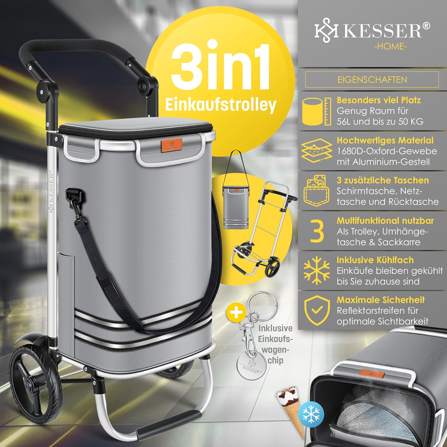 KESSER® Einkaufstrolley klappbar mit 56L Kapazität und belastbar bis 50kg | 3in1 Trolley Sackkarre & Umhängetasche | Faltbarer Einkaufswagen inkl. Kühlfach & Einkaufschip | Treppensteiger Grau — Ansicht 2