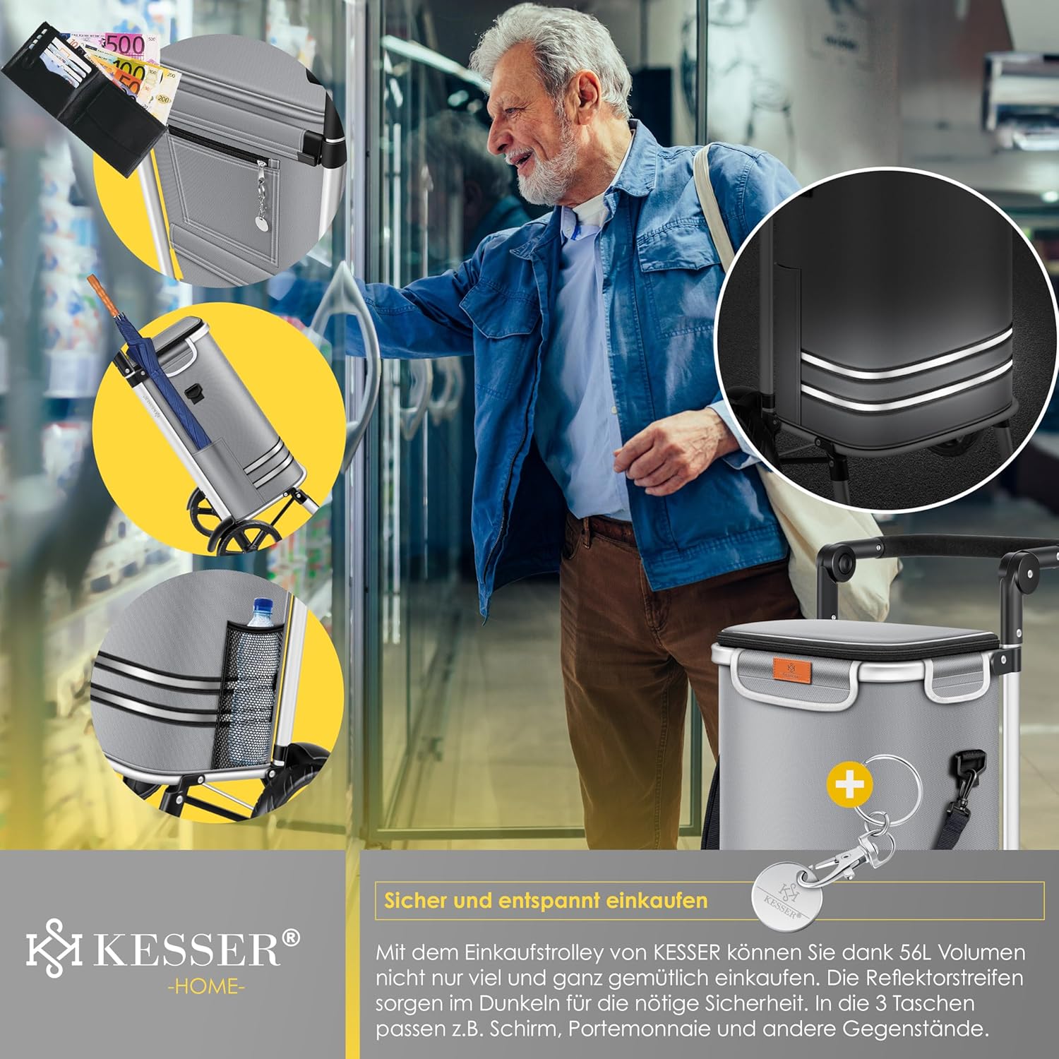 KESSER® Einkaufstrolley klappbar mit 56L Kapazität und belastbar bis 50kg | 3in1 Trolley Sackkarre & Umhängetasche | Faltbarer Einkaufswagen inkl. Kühlfach & Einkaufschip | Treppensteiger Grau — Ansicht 4