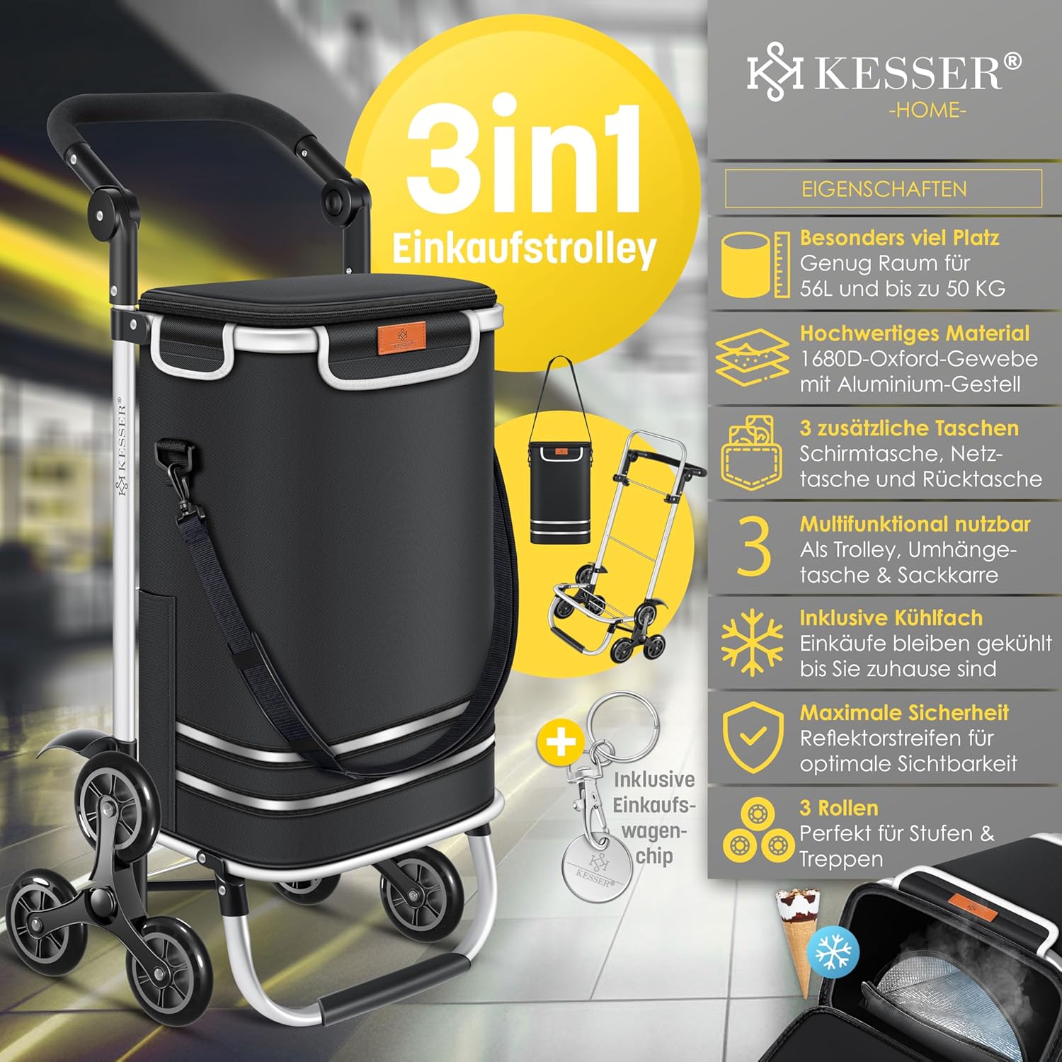 KESSER® Einkaufstrolley Treppensteiger mit Kühlfach klappbar mit 56L Kapazität und belastbar bis 50kg | 3in1 Trolley Sackkarre & Umhängetasche | Faltbarer Einkaufswagen inkl. Einkaufschip, Schwarz — Ansicht 2