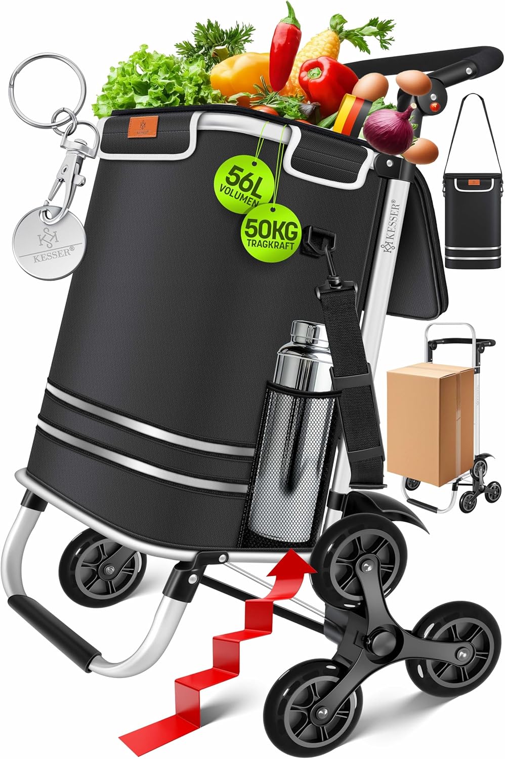 KESSER® Einkaufstrolley Treppensteiger mit Kühlfach klappbar mit 56L Kapazität und belastbar bis 50kg | 3in1 Trolley Sackkarre & Umhängetasche | Faltbarer Einkaufswagen inkl. Einkaufschip, Schwarz