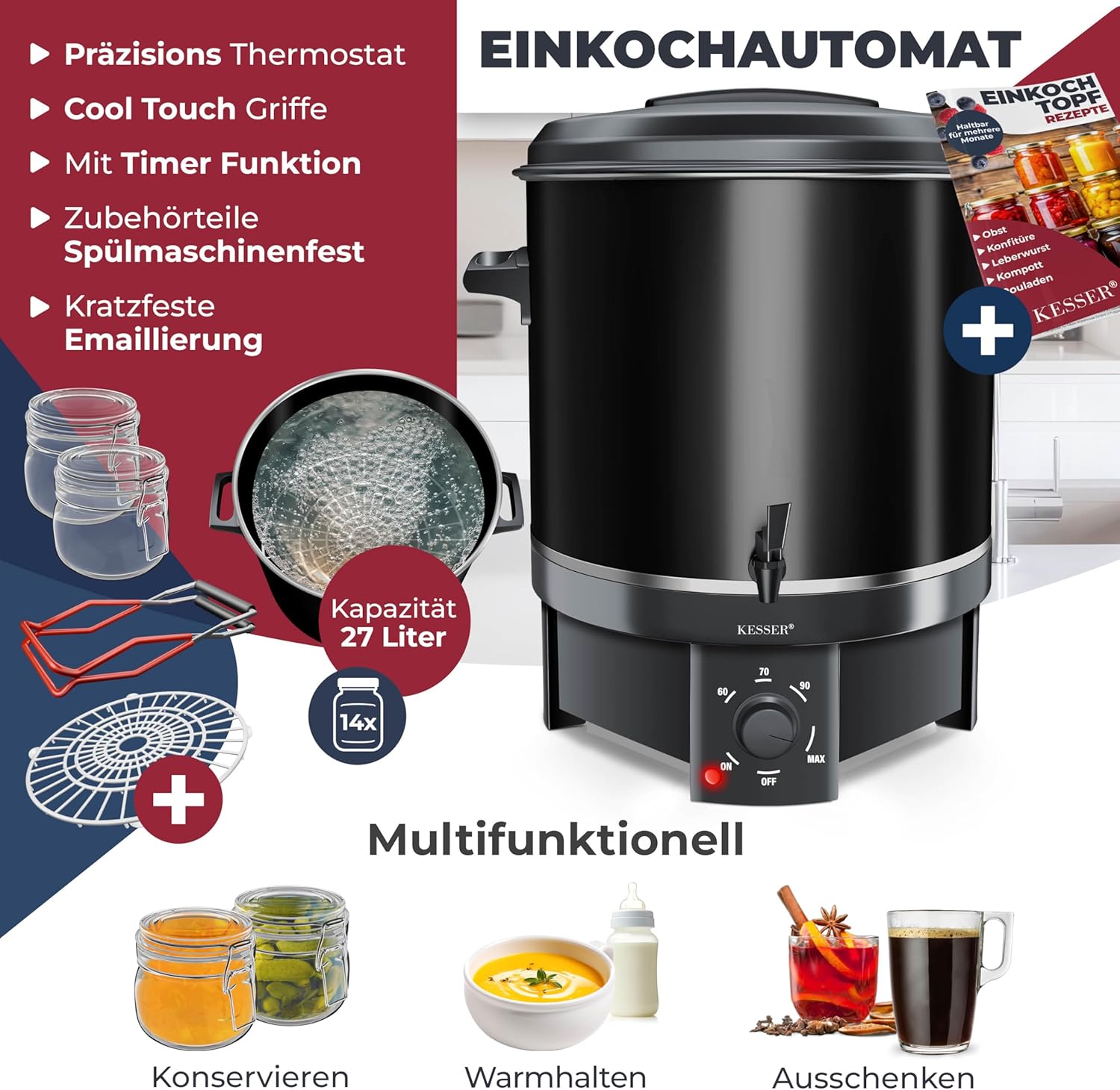KESSER Einkochautomat 27 Liter, Edelstahl| 1800 Watt | Temperatur von 30-100°C | Dauerbetrieb | Abschaltautomatik Einkochvollautomat Heißgetränkeautomat Glühweintopf mit Zange & 2 Gläsern, schwarz — Ansicht 2