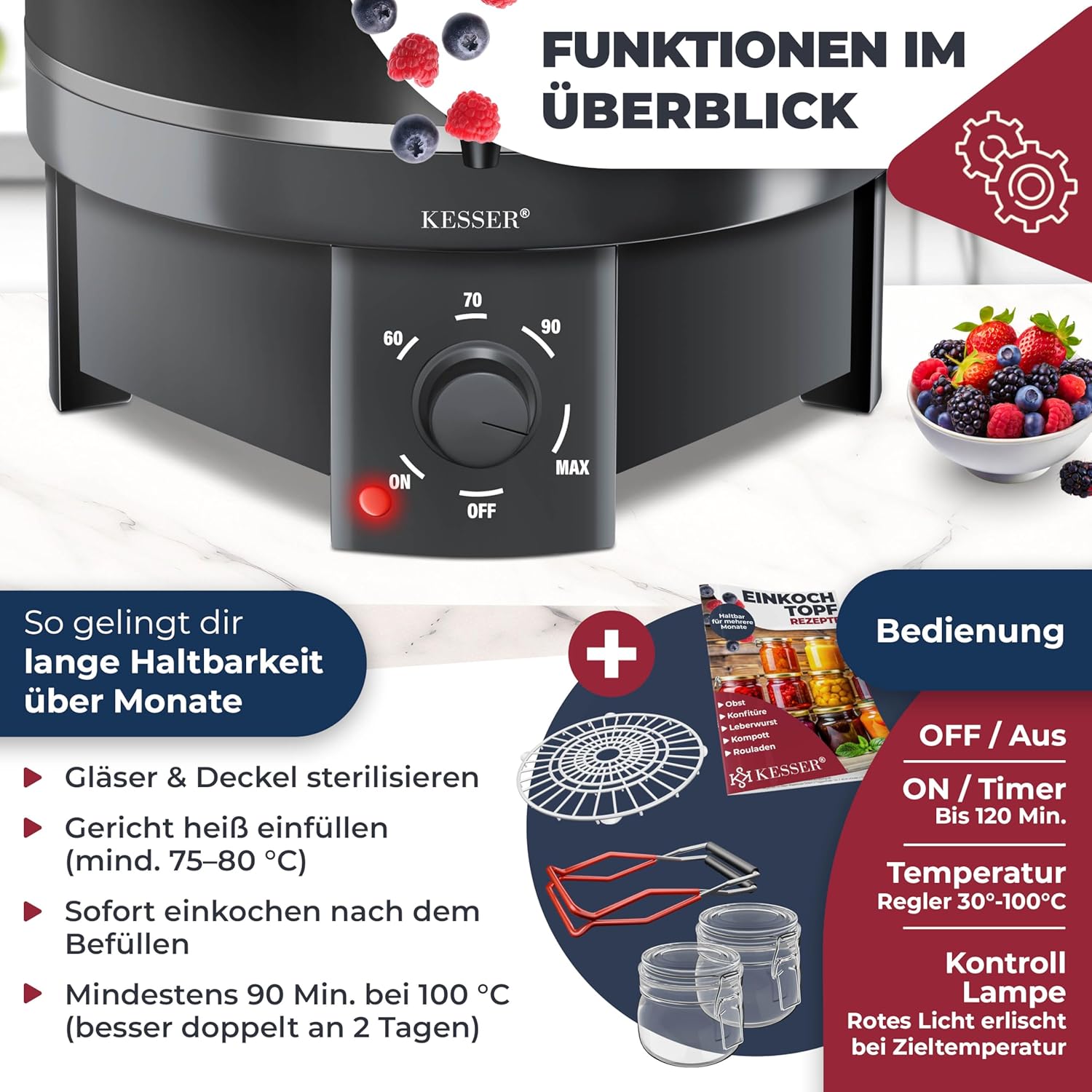 KESSER Einkochautomat 27 Liter, Edelstahl| 1800 Watt | Temperatur von 30-100°C | Dauerbetrieb | Abschaltautomatik Einkochvollautomat Heißgetränkeautomat Glühweintopf mit Zange & 2 Gläsern, schwarz — Ansicht 3