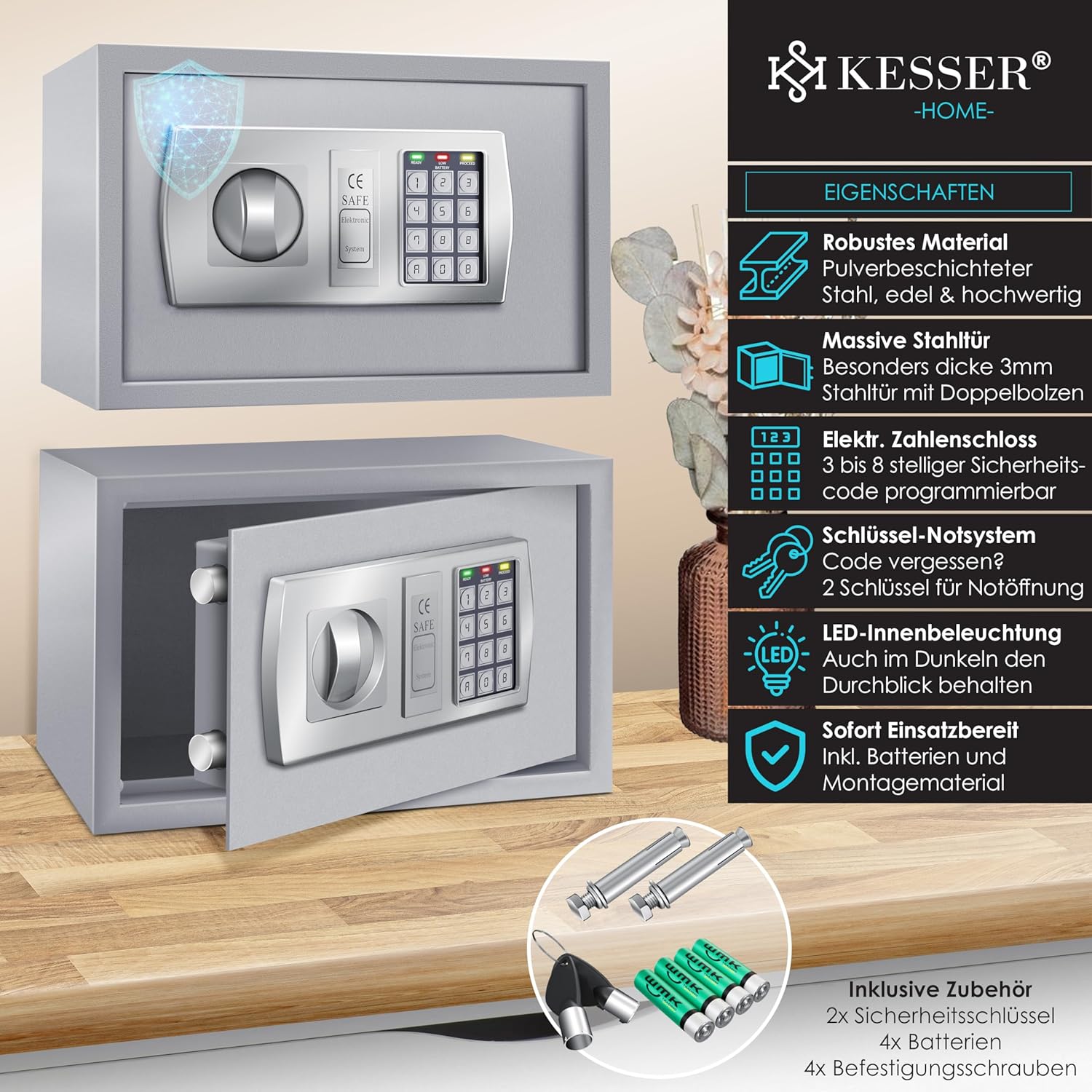 KESSER® Elektr. Tresor | 31x20x20cm | LED-Anzeige | Elektronischer Safe | Doppelbolzenverriegelung | Wandtresor | Montagematerial | Möbeltresor | Innenbeleuchtung, Panzerschrank Zahlenschloss Silber — Ansicht 2