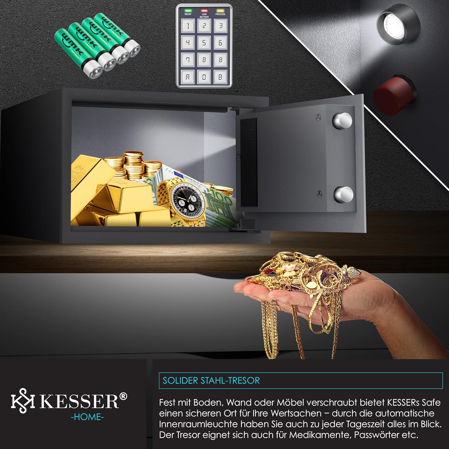 KESSER® Elektr. Tresor | 31x20x20cm | LED-Anzeige | Elektronischer Safe | Doppelbolzenverriegelung | Wandtresor | Montagematerial | Möbeltresor | Innenbeleuchtung, Panzerschrank Zahlenschloss Silber — Ansicht 5