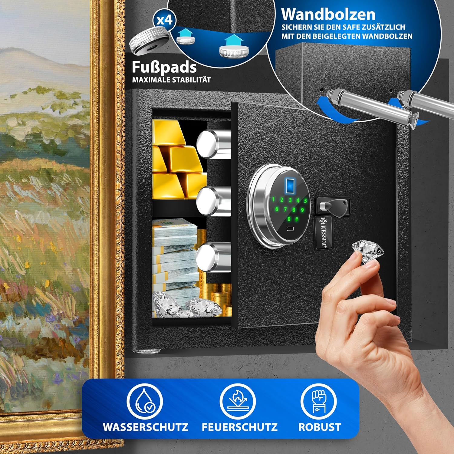 KESSER® Elektr. Tresor mit Fingerabdruck & Schlüssel M | Inkl. Notfallakku | Elektronischer Safe | 3x Doppelbolzenverriegelung | Boden Wandtresor | Möbeltresor | Panzerschrank Zahlenschloss Schwarz — Ansicht 4