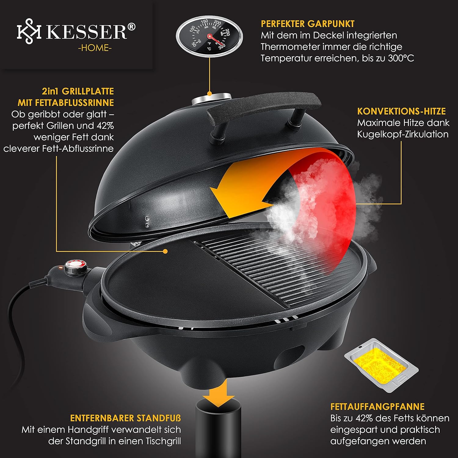 KESSER® elektrischer Elektrogrill 2in1 Tischgrill - Standgrill mit Deckel Standfuß | max. 2400 Watt Thermometer | Antihaftbeschichtung | XXL Grillplatte | integrierte Ablagefläche Elektro-Säulengrill — Ansicht 3
