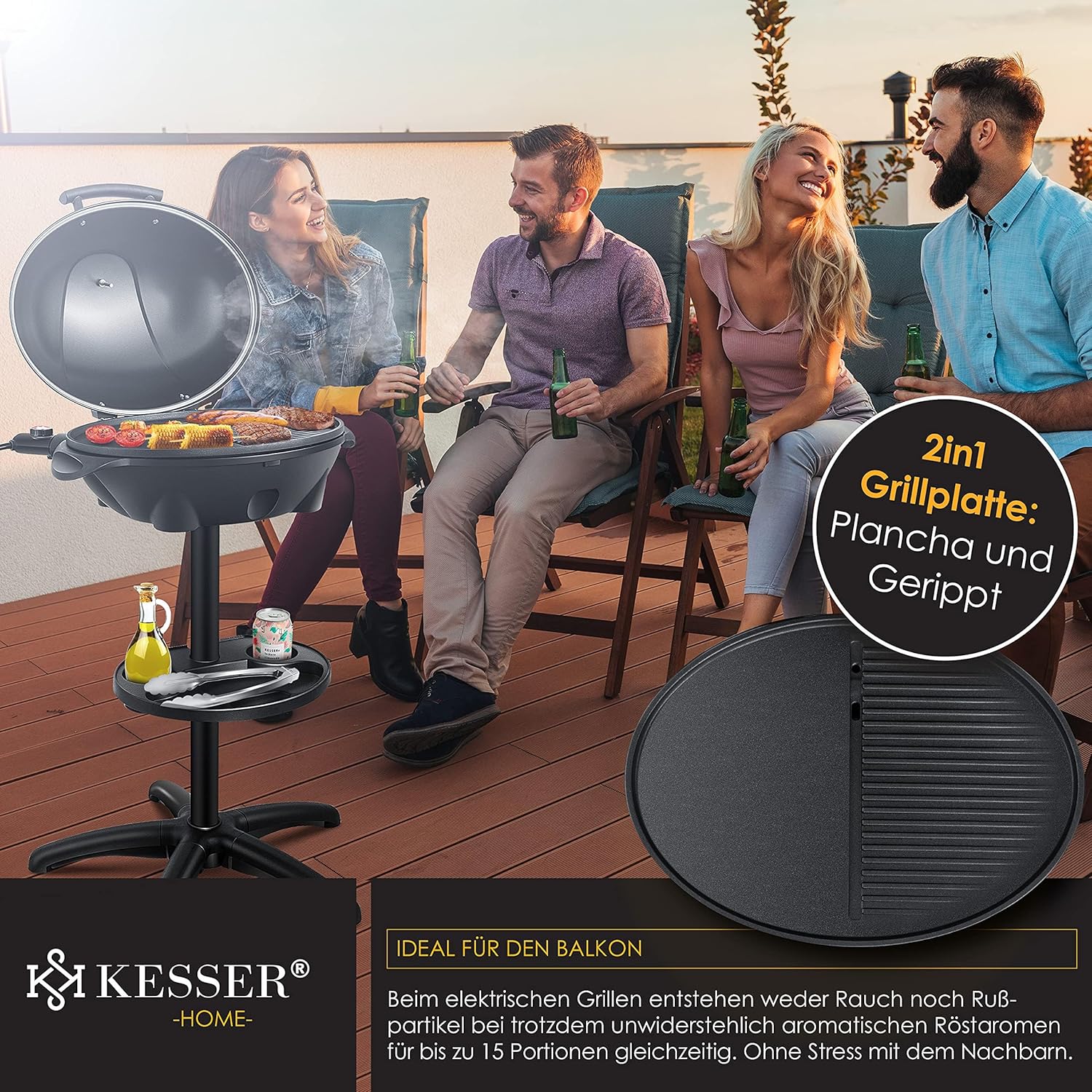 KESSER® elektrischer Elektrogrill 2in1 Tischgrill - Standgrill mit Deckel Standfuß | max. 2400 Watt Thermometer | Antihaftbeschichtung | XXL Grillplatte | integrierte Ablagefläche Elektro-Säulengrill — Ansicht 4